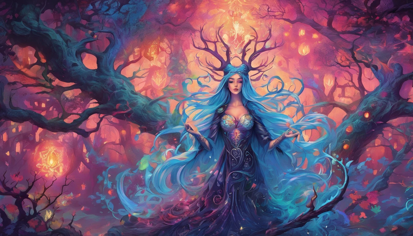 (a blue-haired demon woman,spells:1.1,glowing:1.1)(illustration)(best quality,ultra-detailed,realistic:1.37),demonic witch(demonic:1.1)(magic:1.1)(forest)(dark and mysterious,ominous atmosphere),casting powerful spells,creating magical energy(magic:1.1),vibrant pink hair(swirling pink hair)(flowing pink hair),horns(devil horns:1.1),piercing red eyes,enchanted scepter(magical scepter),elaborate dark robe,glowing magical sigils,fiery embers swirling(magical embers:1.1)(glowing embers),magical aura(glowing aura),eerie shadows,otherworldly presence(presence),sinister smile,nightfall in the background(dark night:1.1)(moonlit forest),lush and dense foliage(twisted trees)(mystical plants:1.1),mystical particles(swirling particles)(floating particles),ethereal glow(ethereal:1.1)(soft glow),faint moonlight breaking through the trees,haunting and captivating(scary atmosphere),bewitching beauty,wide range of colors(vivid colors)(contrasting colors),mystical realm,impressive details,dynamic composition,mesmerizing artwork,photorealistic style(picasso style),impressive shading and lighting,explosive energy,magical atmosphere(fantasy atmosphere),dreamlike scene