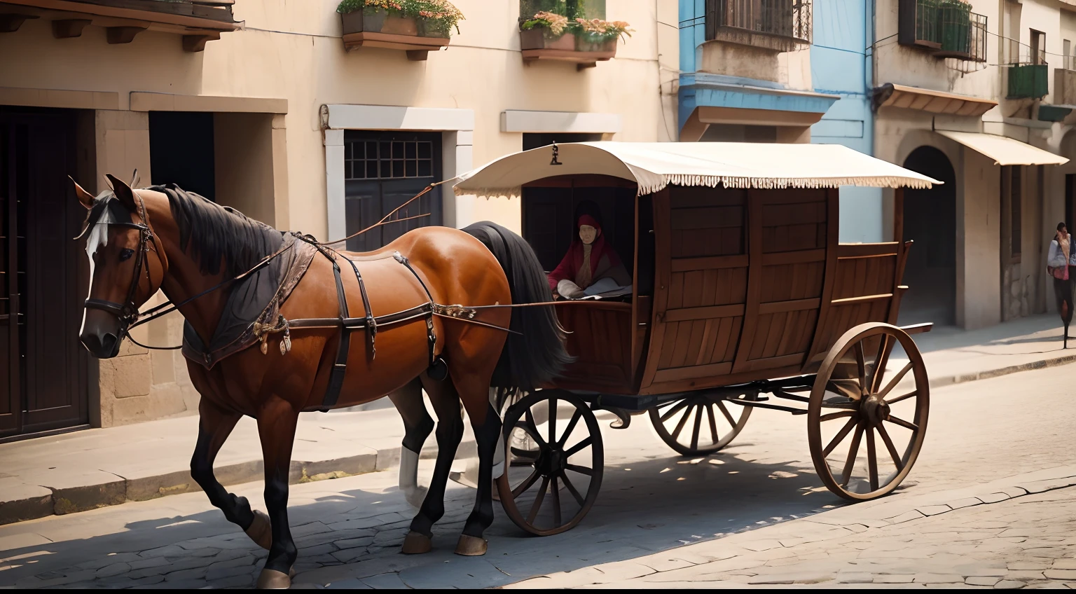 Imagem do velho oeste, A wagon pulled by two beautiful horses, Wagon from the 1500s, em uma cidade texana, poeira, em uma rua de terra, On an old Mexico city street