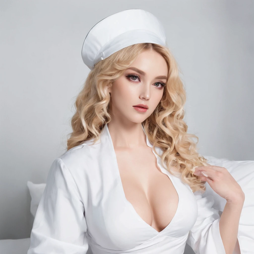 Girl in white nurse costum、long blonde curly hair, Colossal tits、Soft big breasts、Show cleavage、Bring your chest together with your hands、Horse Pose, talking to a young man sitting in a bed