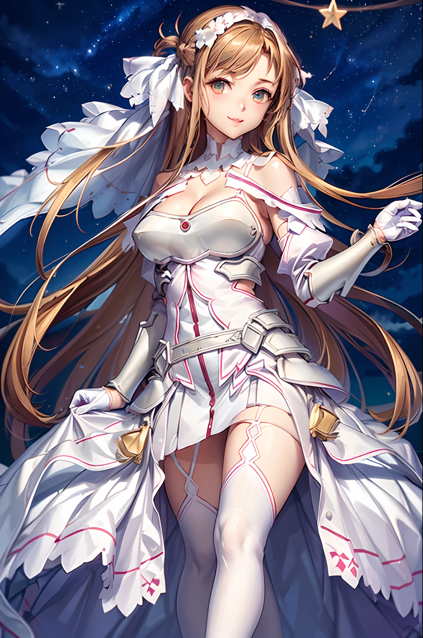 masterpiece, best quality, perfectanatomy,ultra detailed, stacia, 1girl, solo, large breasts, curvy body, good hands, (good legs), (good knees),  (night sky, stars), long hair, breasts, looking at viewer, happy, bangs, brown hair, thighhighs, gloves, dress, cleavage, bare shoulders, brown eyes, very long hair, standing, white gloves, white dress, armor, white thighhighs, garter straps, white armor,  high heels,