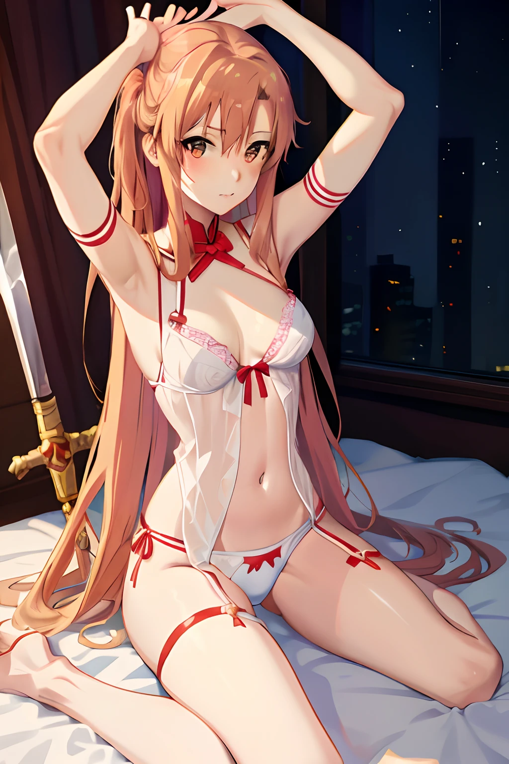 anime girl in a sexy lingerie sitting on a bed, seductive anime girl, asuna yuuki, anime goddess, beautiful alluring anime teen, asuna from sao, small curvy loli, beautiful alluring anime woman, attractive anime girl, at pixiv, beautiful anime girl, (anime girl), blonde anime girl with long hair, pretty anime girl, lingerie, stockings, hot, sexy