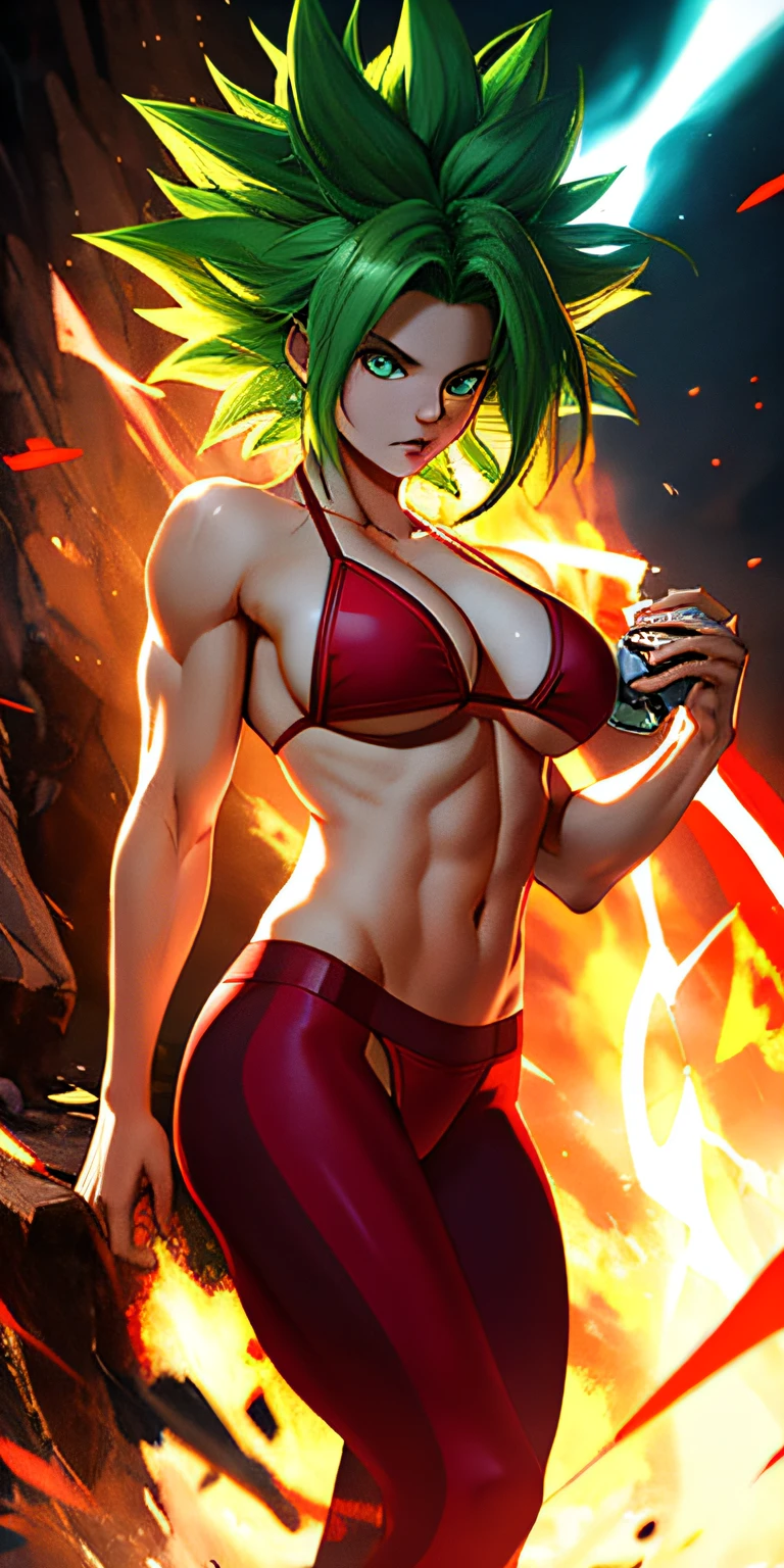 (masterpiece, best quality, ultra-detailed, high resolution, best illustration), cute Super Saiyan, green hair, green eyes, spiky hair, energy, jewelry, aura, Leggings, ((red bikini)), detailed, sharp focus, dramatic, Cinematic lighting, bodybuilder, full cup photo, barefoot