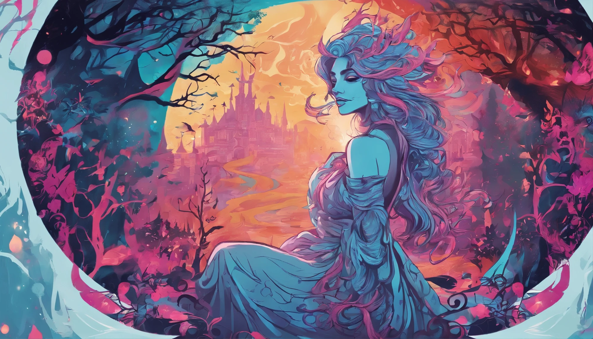 (a blue-haired demon woman,spells:1.1,glowing:1.1)(illustration)(best quality,ultra-detailed,realistic:1.37),demonic witch(demonic:1.1)(magic:1.1)(forest)(dark and mysterious,ominous atmosphere),casting powerful spells,creating magical energy(magic:1.1),vibrant pink hair(swirling pink hair)(flowing pink hair),horns(devil horns:1.1),piercing red eyes,enchanted scepter(magical scepter),elaborate dark robe,glowing magical sigils,fiery embers swirling(magical embers:1.1)(glowing embers),magical aura(glowing aura),eerie shadows,otherworldly presence(presence),sinister smile,nightfall in the background(dark night:1.1)(moonlit forest),lush and dense foliage(twisted trees)(mystical plants:1.1),mystical particles(swirling particles)(floating particles),ethereal glow(ethereal:1.1)(soft glow),faint moonlight breaking through the trees,haunting and captivating(scary atmosphere),bewitching beauty,wide range of colors(vivid colors)(contrasting colors),mystical realm,impressive details,dynamic composition,mesmerizing artwork,photorealistic style(picasso style),impressive shading and lighting,explosive energy,magical atmosphere(fantasy atmosphere),dreamlike scene