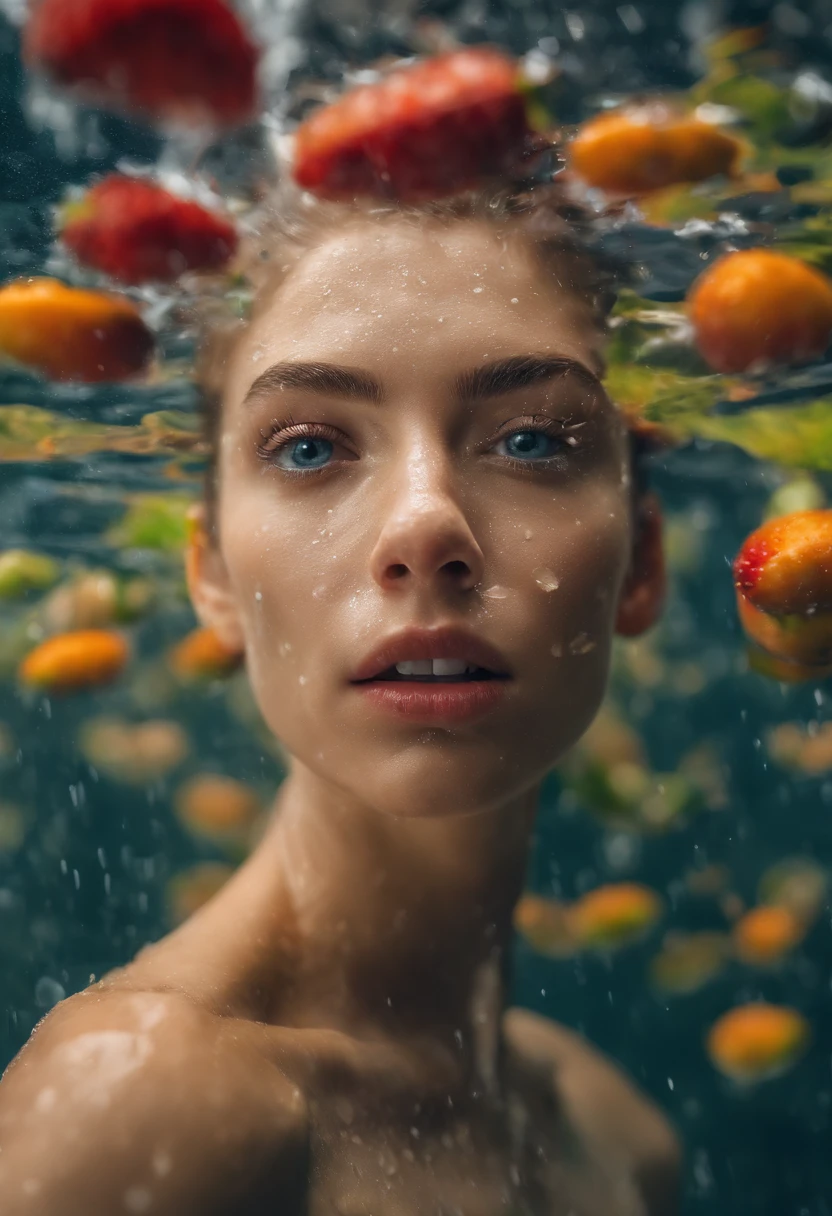 Umamulher em um vestido fino, cabelos molhados, Chuva de frutas, Foto do produto de morango,uva,Kiwi falling into the water,As roupas estavam encharcadas de chuva, A pele fica exposta, messy hair, nariz blush, High detail, Close-up,oto RAW cinematic,foto ultra real,Ultra foto Realsisim,Digital SLR,soft lighting,、Drippy、Splash clear liquid、water bloom,dynamic compositions,(master part) (melhor qualidade) (circunstanciado) (Cinematic lighting) (foco nítido) (intrincado), master part, melhor qualidade, ultra-highresolution, 8k UHD,olhos detalhados_Xl, Detalhador Furtástico