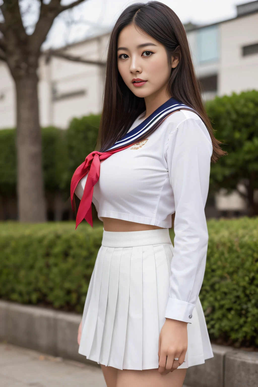 (Best Quality,8K,High resolution:1.2),(Beautiful Realistic Asians:1.6)、(cute Japanese girls:1.4),(Huge breasts:1.25),(Glamorous body),(School uniform,serafuku,Pleated skirt,Sailor collar,white  shirt:1.2)、Professional、