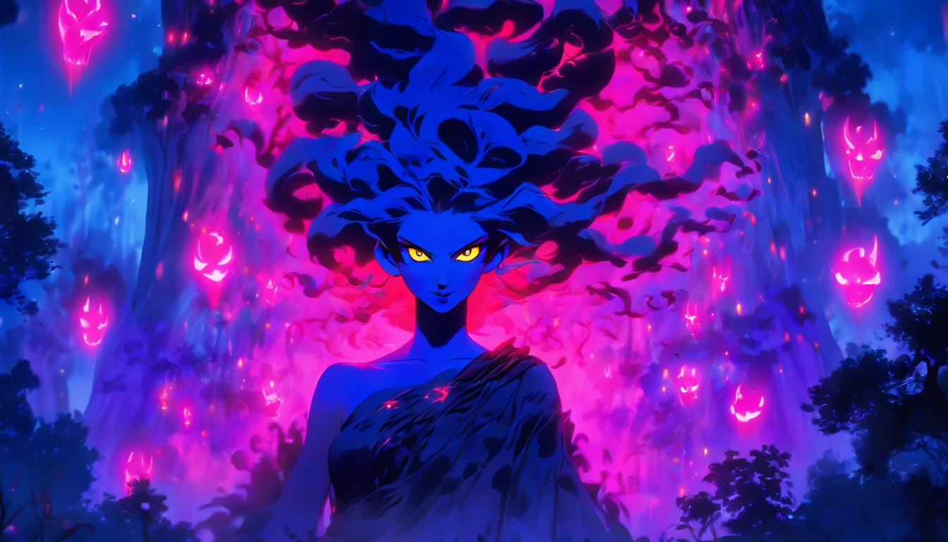 (a blue-haired demon woman,spells:1.1,glowing:1.1)(illustration)(best quality,ultra-detailed,realistic:1.37),demonic witch(demonic:1.1)(magic:1.1)(forest)(dark and mysterious,ominous atmosphere),casting powerful spells,creating magical energy(magic:1.1),vibrant pink hair(swirling pink hair)(flowing pink hair),horns(devil horns:1.1),piercing red eyes,enchanted scepter(magical scepter),elaborate dark robe,glowing magical sigils,fiery embers swirling(magical embers:1.1)(glowing embers),magical aura(glowing aura),eerie shadows,otherworldly presence(presence),sinister smile,nightfall in the background(dark night:1.1)(moonlit forest),lush and dense foliage(twisted trees)(mystical plants:1.1),mystical particles(swirling particles)(floating particles),ethereal glow(ethereal:1.1)(soft glow),faint moonlight breaking through the trees,haunting and captivating(scary atmosphere),bewitching beauty,wide range of colors(vivid colors)(contrasting colors),mystical realm,impressive details,dynamic composition,mesmerizing artwork,photorealistic style(picasso style),impressive shading and lighting,explosive energy,magical atmosphere(fantasy atmosphere),dreamlike scene