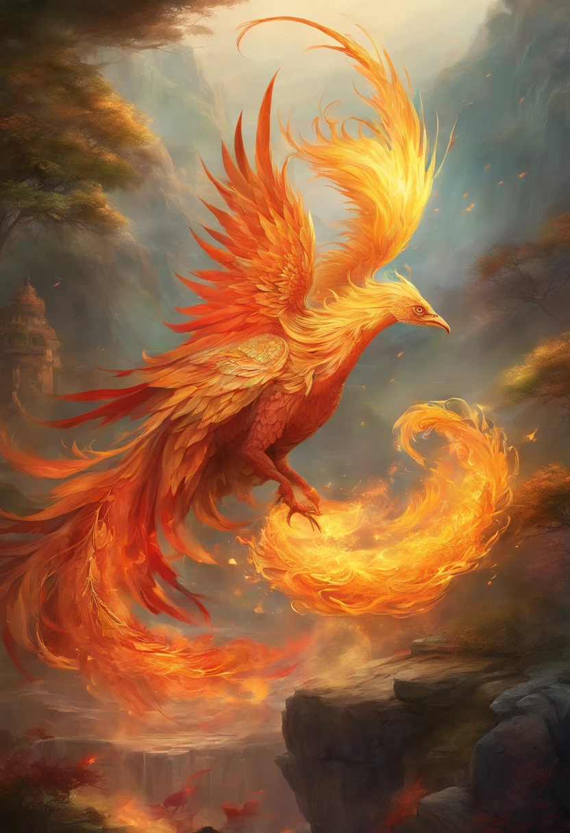 mythological creatures,((Chinese mythology fire phoenix)),Traditional Chinese elements,Ancient murals,Illustrative myths,Fuyao Legend,Dappled light,Hazy haze,mystical aura,tmasterpiece,k hd,Rich in color,Detailed details,Seven colors