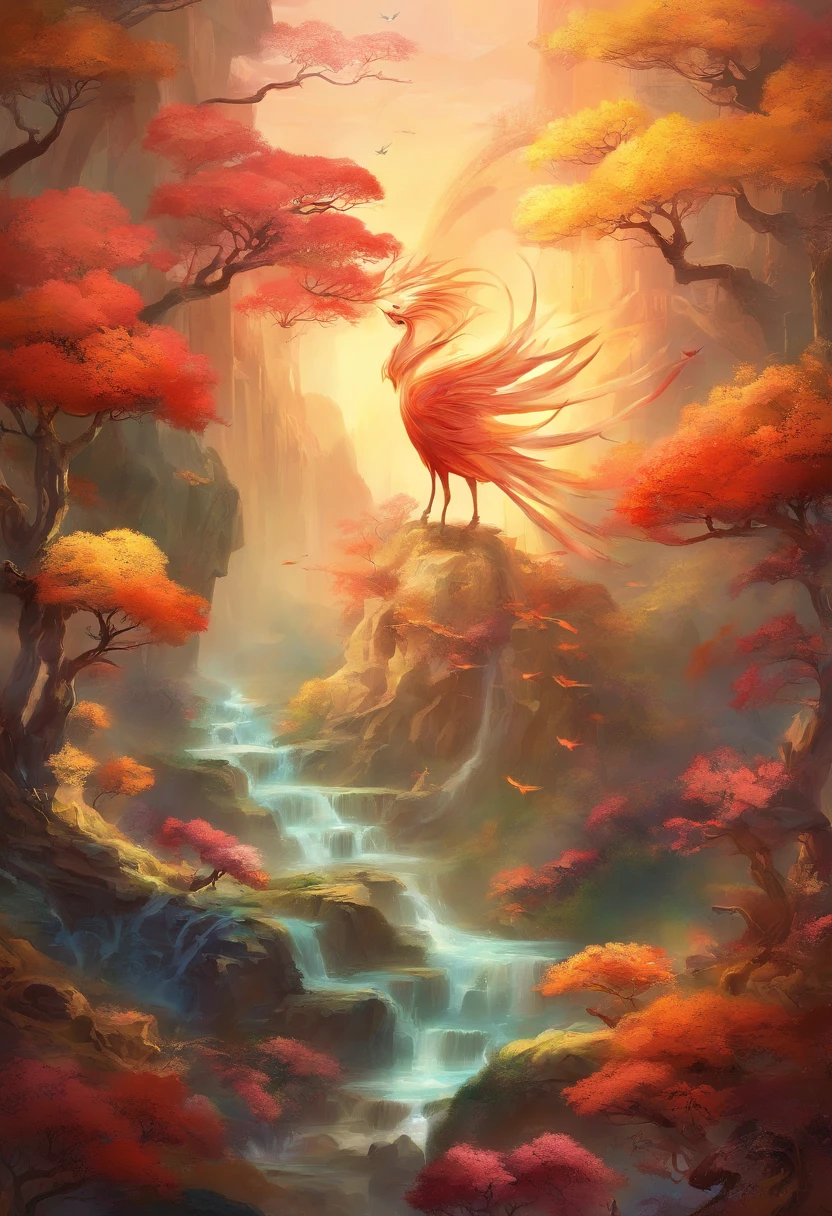 mythological creatures,((Chinese mythology fire phoenix)),Traditional Chinese elements,Ancient murals,Illustrative myths,Fuyao Legend,Dappled light,Hazy haze,mystical aura,tmasterpiece,k hd,Rich in color,Detailed details,Seven colors