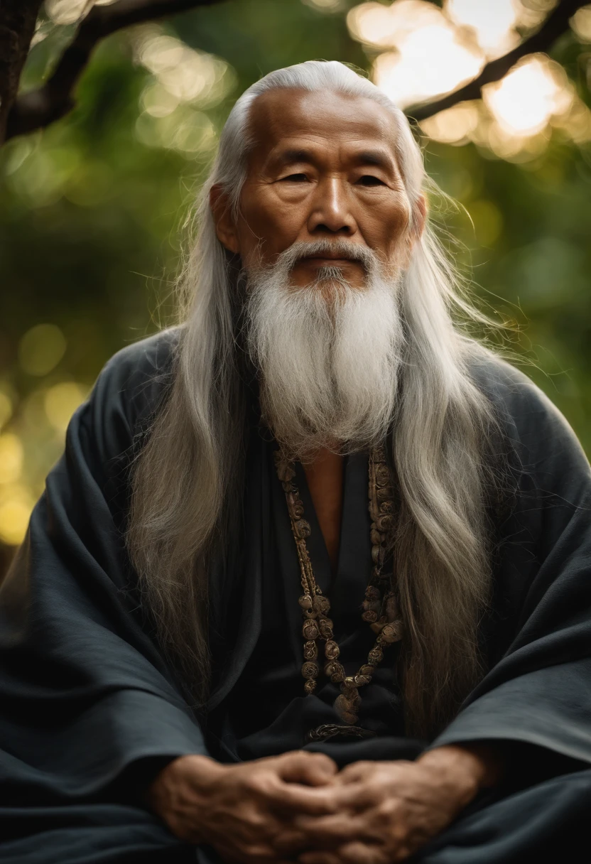 Old Asian Taoist Old Man, sentado em close-up de pedra,long, whitish hair,barba longa,Cross-legged meditation,Taoism, vestindo vestes cinzas,magical aura,taoist master,taoist,paisagem exuberante, muito verde, luz alaranjada do por do sol