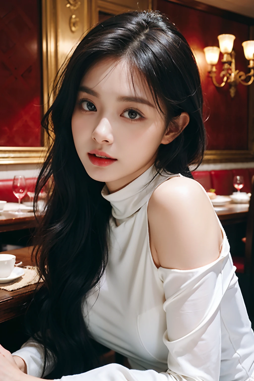 (8K, Raw photo, Best Quality, masutepiece:1.2), Ultra-detailed, Perfect Detail , view the viewer, make up, Seductive, Shameful face, (年轻:1.2),((20yr old)), Beautiful face, Beautiful eyes, (((Perfect female body, Narrow waist))), Red hair, Asian Look, an hourglass figure, Green eyes, Beautiful appearance, silk turtleneck dress, Puffy lips, Black heels, In the restaurant, Wavy Hair, Light makeup, Sablip mole, Dragon tattoo on the shoulder