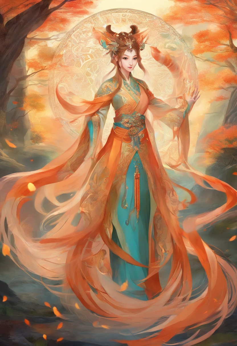 mythological creatures,((The nine-tailed fox in Chinese mythology)),Traditional Chinese elements,((Ancient murals)),Illustrative myths,Fuyao Legend,Dappled light,Hazy haze,mystical aura,tmasterpiece,k hd,Rich in color,Detailed details,Seven colors