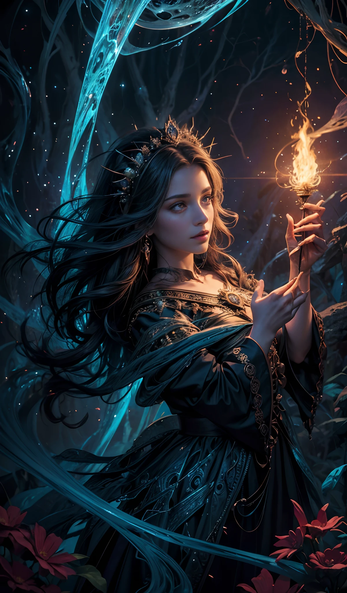 A powerful wizard, standing in a mystical forest. Their flowing robes adorned with symbols, arms outstretched, eyes sparkling with arcane energy. As their incantation escapes their lips, vibrant, swirling patterns of dark magic manifest in the air, pulsating with hues of reds and blues. Enchantment permeates, causing flowers to bloom, creatures to gaze in awe. Wisps of magic energy dance, revealing hidden realms, unlocking secrets. Capture the essence of this spellbinding moment, bringing the mystic power of the dark enchantment to life on the canvas with the highest quality and detail. Best quality, masterpiece, ultra high res, (photorealistic:1.4), raw photo, sharp focus, HDR, detailed skin.