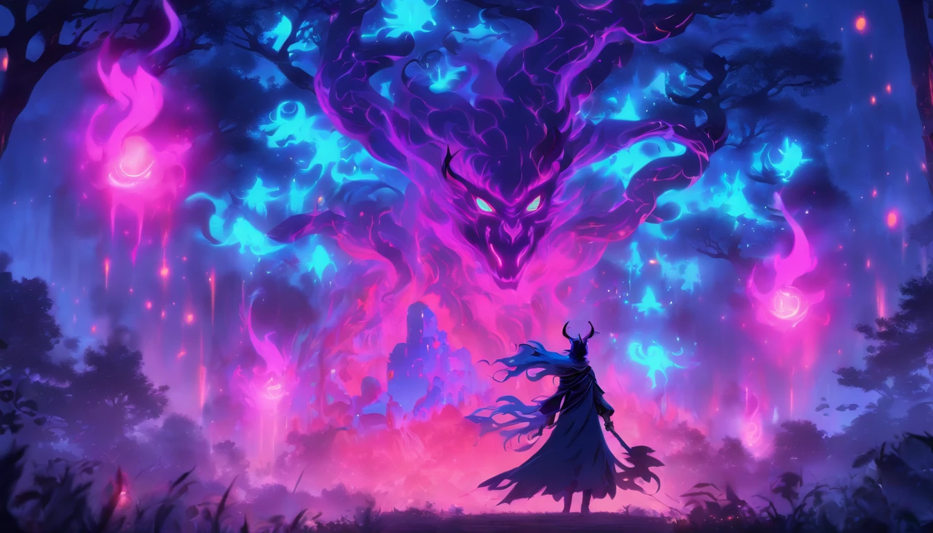 (a blue-haired demon woman,spells:1.1,glowing:1.1)(illustration)(best quality,ultra-detailed,realistic:1.37),demonic witch(demonic:1.1)(magic:1.1)(forest)(dark and mysterious,ominous atmosphere),casting powerful spells,creating magical energy(magic:1.1),vibrant pink hair(swirling pink hair)(flowing pink hair),horns(devil horns:1.1),piercing red eyes,enchanted scepter(magical scepter),elaborate dark robe,glowing magical sigils,fiery embers swirling(magical embers:1.1)(glowing embers),magical aura(glowing aura),eerie shadows,otherworldly presence(presence),sinister smile,nightfall in the background(dark night:1.1)(moonlit forest),lush and dense foliage(twisted trees)(mystical plants:1.1),mystical particles(swirling particles)(floating particles),ethereal glow(ethereal:1.1)(soft glow),faint moonlight breaking through the trees,haunting and captivating(scary atmosphere),bewitching beauty,wide range of colors(vivid colors)(contrasting colors),mystical realm,impressive details,dynamic composition,mesmerizing artwork,photorealistic style(picasso style),impressive shading and lighting,explosive energy,magical atmosphere(fantasy atmosphere),dreamlike scene