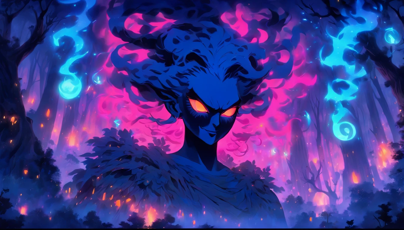 (a blue-haired demon woman,spells:1.1,glowing:1.1)(illustration)(best quality,ultra-detailed,realistic:1.37),demonic witch(demonic:1.1)(magic:1.1)(forest)(dark and mysterious,ominous atmosphere),casting powerful spells,creating magical energy(magic:1.1),vibrant pink hair(swirling pink hair)(flowing pink hair),horns(devil horns:1.1),piercing red eyes,enchanted scepter(magical scepter),elaborate dark robe,glowing magical sigils,fiery embers swirling(magical embers:1.1)(glowing embers),magical aura(glowing aura),eerie shadows,otherworldly presence(presence),sinister smile,nightfall in the background(dark night:1.1)(moonlit forest),lush and dense foliage(twisted trees)(mystical plants:1.1),mystical particles(swirling particles)(floating particles),ethereal glow(ethereal:1.1)(soft glow),faint moonlight breaking through the trees,haunting and captivating(scary atmosphere),bewitching beauty,wide range of colors(vivid colors)(contrasting colors),mystical realm,impressive details,dynamic composition,mesmerizing artwork,photorealistic style(picasso style),impressive shading and lighting,explosive energy,magical atmosphere(fantasy atmosphere),dreamlike scene