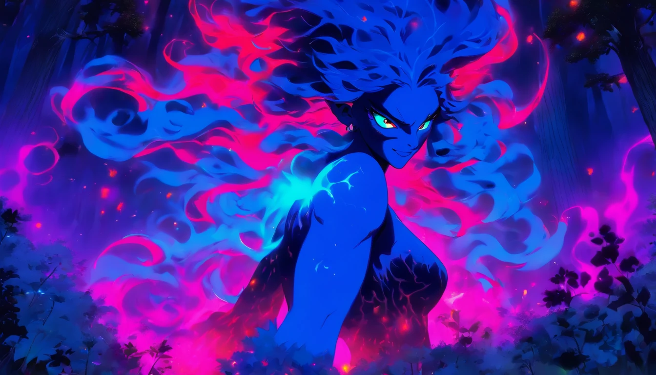 (a blue-haired demon woman,spells:1.1,glowing:1.1)(illustration)(best quality,ultra-detailed,realistic:1.37),demonic witch(demonic:1.1)(magic:1.1)(forest)(dark and mysterious,ominous atmosphere),casting powerful spells,creating magical energy(magic:1.1),vibrant pink hair(swirling pink hair)(flowing pink hair),horns(devil horns:1.1),piercing red eyes,enchanted scepter(magical scepter),elaborate dark robe,glowing magical sigils,fiery embers swirling(magical embers:1.1)(glowing embers),magical aura(glowing aura),eerie shadows,otherworldly presence(presence),sinister smile,nightfall in the background(dark night:1.1)(moonlit forest),lush and dense foliage(twisted trees)(mystical plants:1.1),mystical particles(swirling particles)(floating particles),ethereal glow(ethereal:1.1)(soft glow),faint moonlight breaking through the trees,haunting and captivating(scary atmosphere),bewitching beauty,wide range of colors(vivid colors)(contrasting colors),mystical realm,impressive details,dynamic composition,mesmerizing artwork,photorealistic style(picasso style),impressive shading and lighting,explosive energy,magical atmosphere(fantasy atmosphere),dreamlike scene