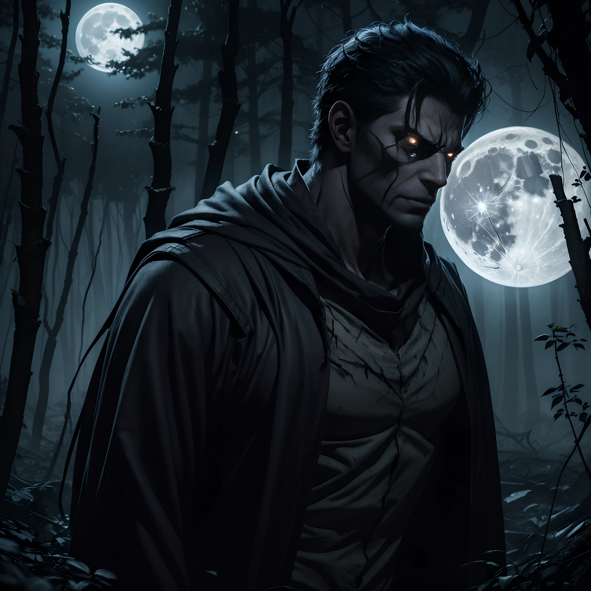"Describes in detail the appearance and origin story of an original character called 'The Shadow of Sighs', a terrifying being that feeds on people's deepest fears and only manifests itself during full moon nights in a dark abandoned forest. It details his physical appearance, his supernatural abilities and how he terrorizes those who venture into his territory."
