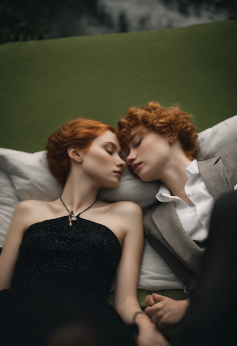 beautiful ginger twin girls, French, teens, with pixie haircuts, lying back bed, intertwined, kissing, full body picture, slender, teen, skinny, wearing chokers, watched by men in suits