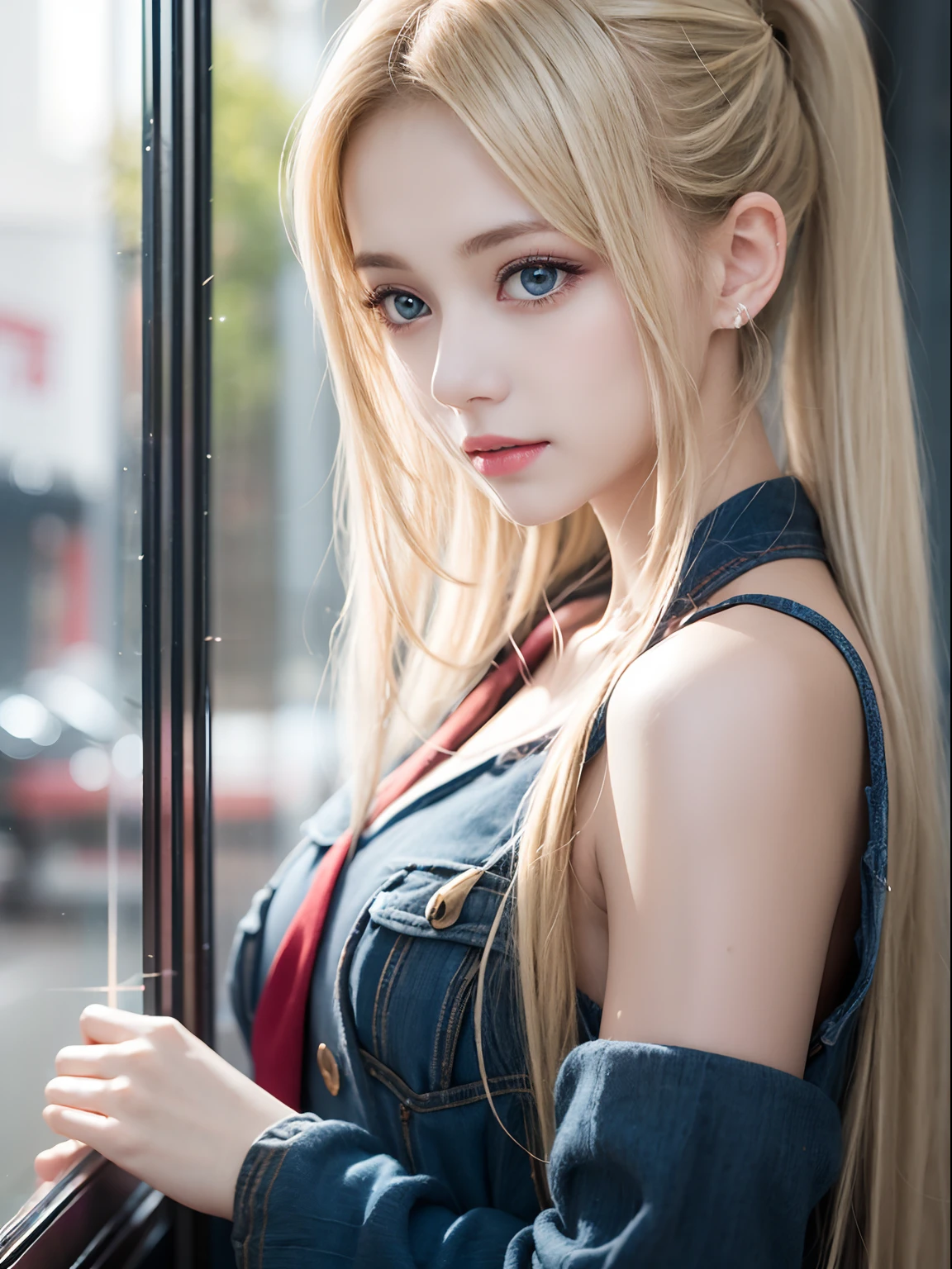 portlate、School Uniforms、bright expression、poneyTail、Young shiny shiny white shiny skin、Best Looks、Blonde reflected light、Platinum blonde hair with dazzling highlights、shiny light hair,、Super long silky straight hair、Beautiful bangs that shine、Glowing crystal clear attractive big blue eyes、Very beautiful nice cute 16 year old girl、Lush bust