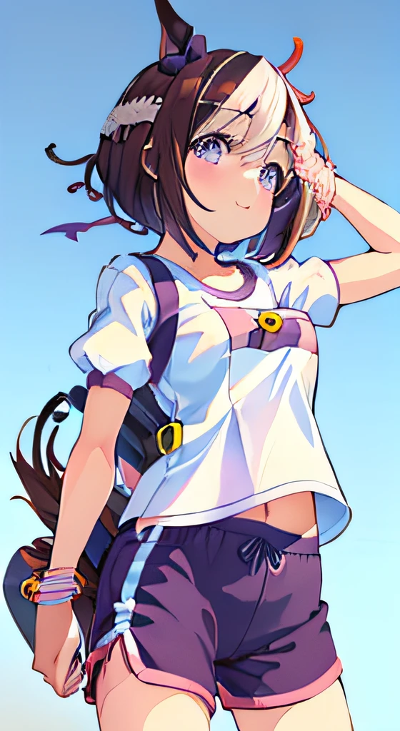 ((masutepiece)), ((Best Quality)), (Ultra-detailed), Anime style, Cute little girl s, 1girl in, Solo, Gym Shorts 00, ((Beautiful eyes))0, Smile