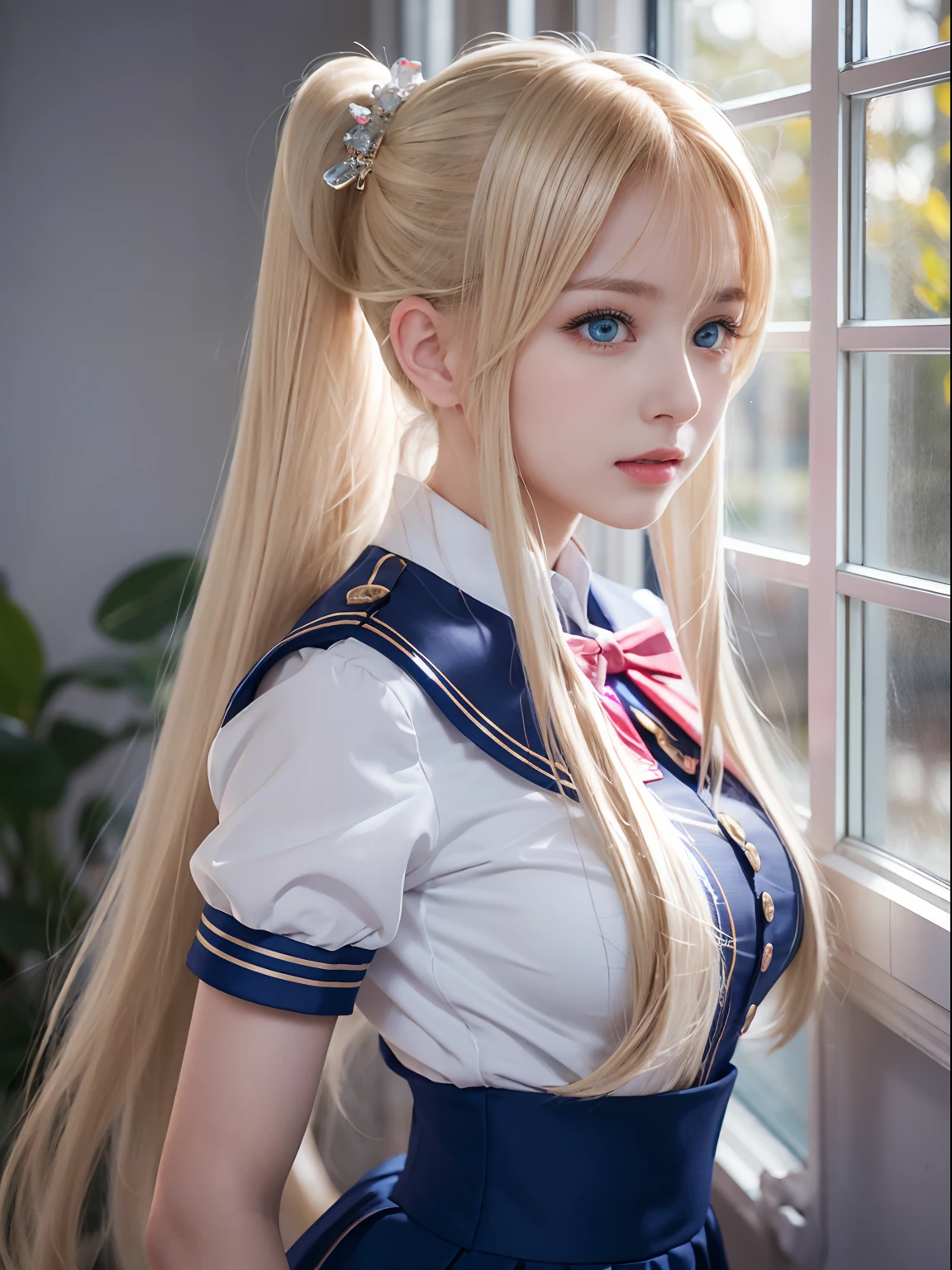 portlate、School Uniforms、bright expression、poneyTail、Young shiny shiny white shiny skin、Best Looks、Blonde reflected light、Platinum blonde hair with dazzling highlights、shiny light hair,、Super long silky straight hair、Beautiful bangs that shine、Glowing crystal clear attractive big blue eyes、Very beautiful nice cute girl、Lush bust