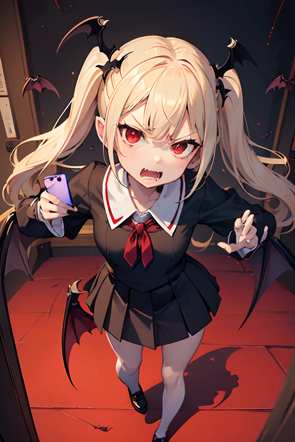 (simplistic),full body view,intricate details,(best quality),(masterpiece:1.2),(detailed:1.2),(sharp focus), blonde short hair in twintails, anime girl, vampire, vampire girl, big boobs, school clothes, high school uniform, cute face, pale skin, red eyes, ((school classroom background)), navy skirt, red tie, white social shirt, small red horns, (((pov from above))), (((small vampire wings on rear area))), fang poking out,  ((((fangs popping out of mouth)))) (((annoyed face))) (((pissed off))), (((cell phone on hand))) ((blue phone)) ((holding cellphone))