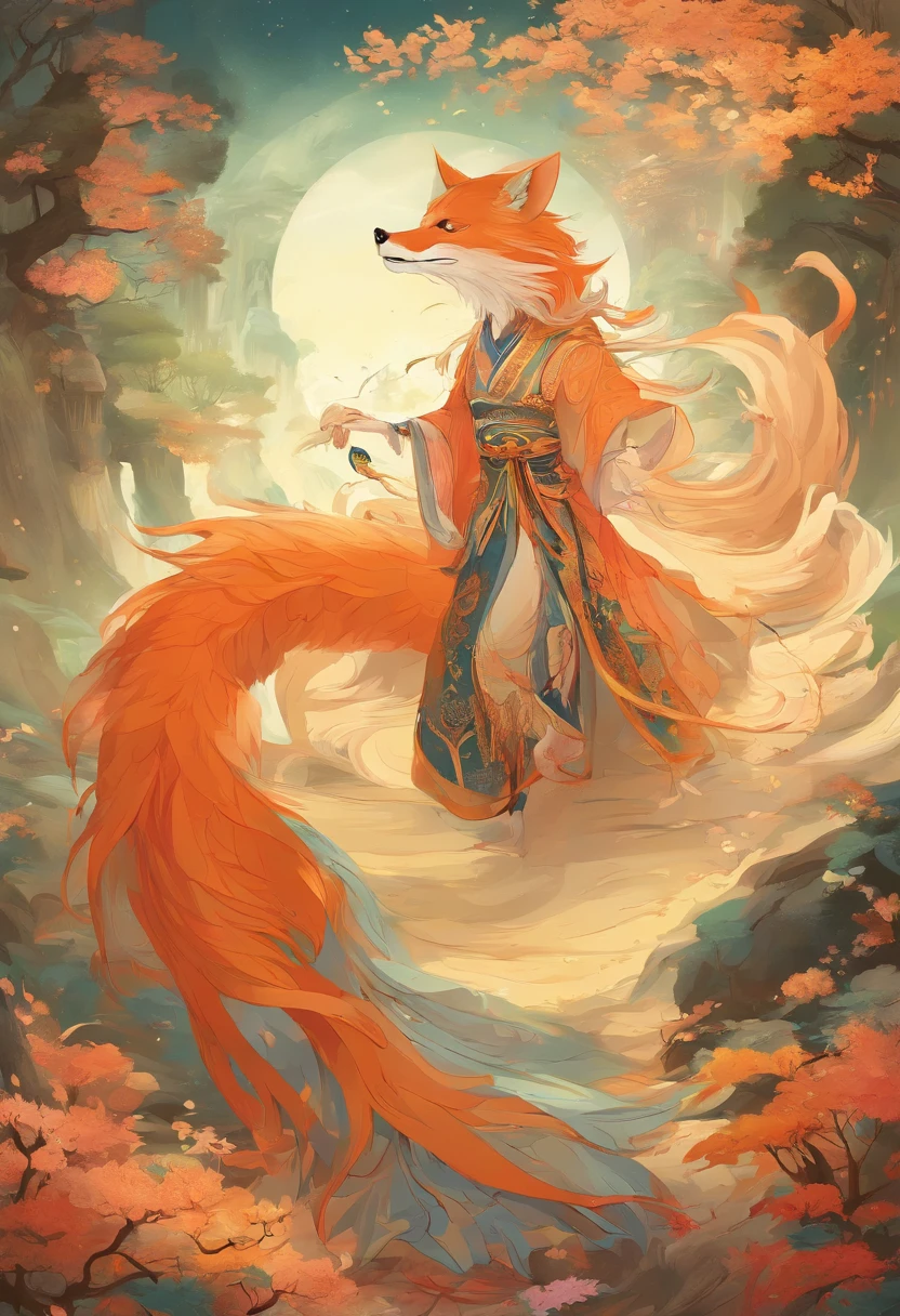 mythological creatures,((The nine-tailed fox in Chinese mythology)),Traditional Chinese elements,((Ancient murals)),Illustrative myths,Fuyao Legend,Dappled light,Hazy haze,mystical aura,tmasterpiece,k hd,Rich in color,Detailed details,Seven colors