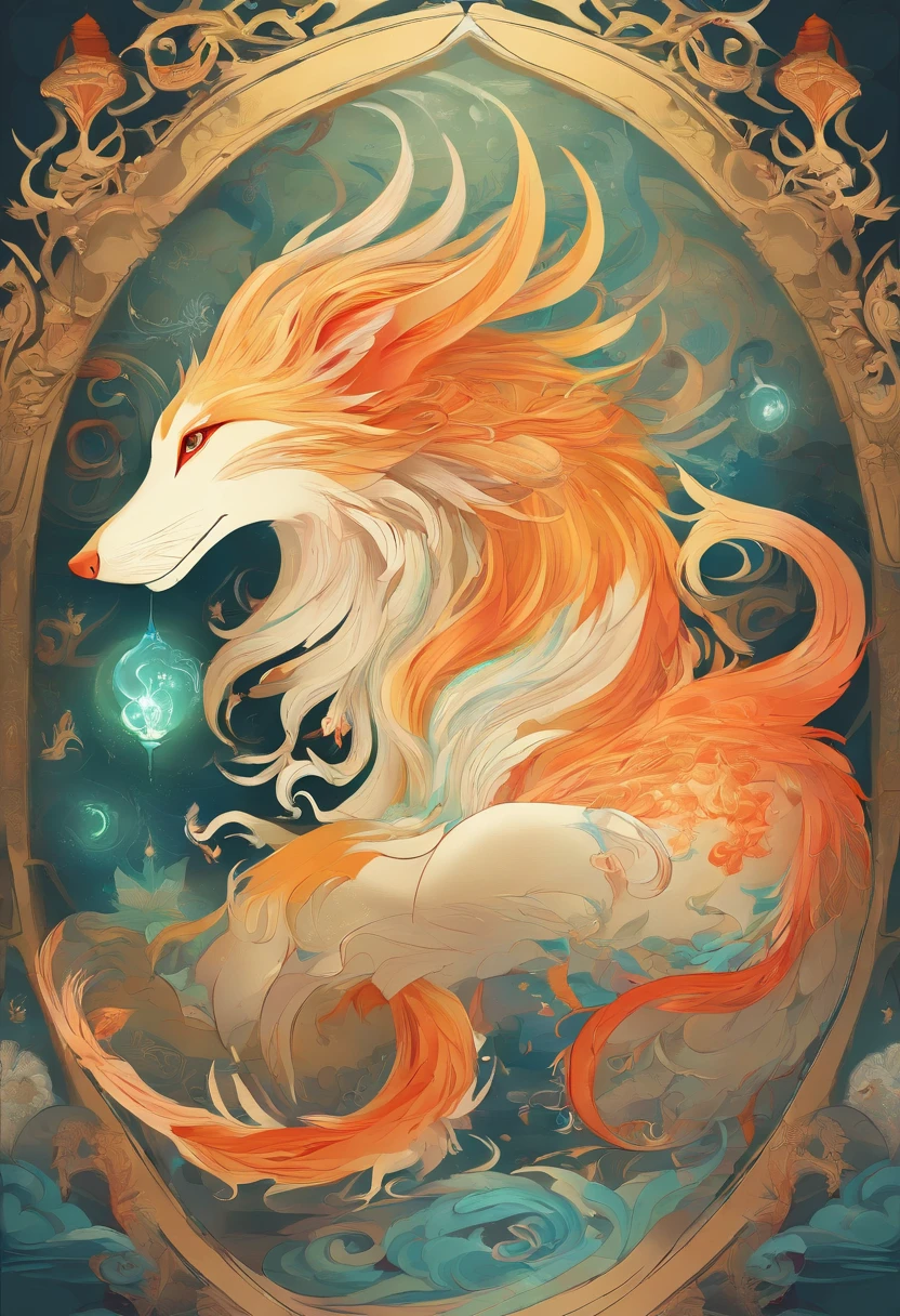 mythological creatures，（（The nine-tailed fox in Chinese mythology）），Traditional Chinese elements，（（Ancient murals）），Illustrative myths，Fuyao Legend，Dappled light，Hazy haze，mystical aura，tmasterpiece，k hd，Rich in color，Detailed details，Seven colors