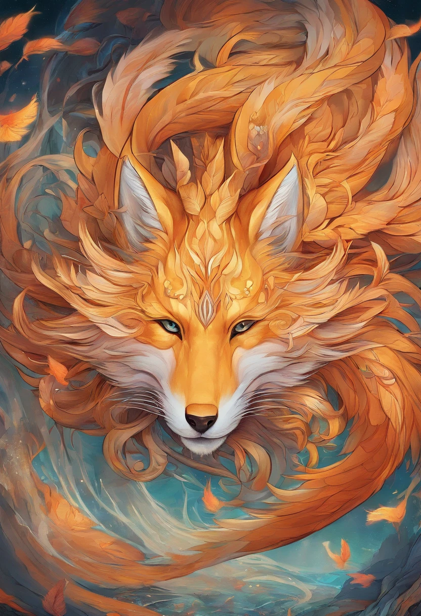 mythological creatures,((The nine-tailed fox in Chinese mythology)),Traditional Chinese elements,((Ancient murals)),Illustrative myths,Fuyao Legend,Dappled light,Hazy haze,mystical aura,tmasterpiece,k hd,Rich in color,Detailed details,Seven colors