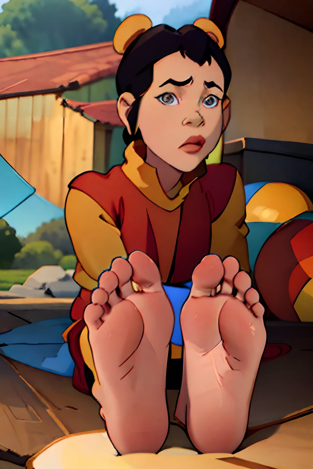 ((Masterpiece)), ((highest quality)), ((ultra detailed)), young male, happy, Aang from the last airbender, Sitting on a grassfield, showing the soles of his feet, feet focus, perfect feet 