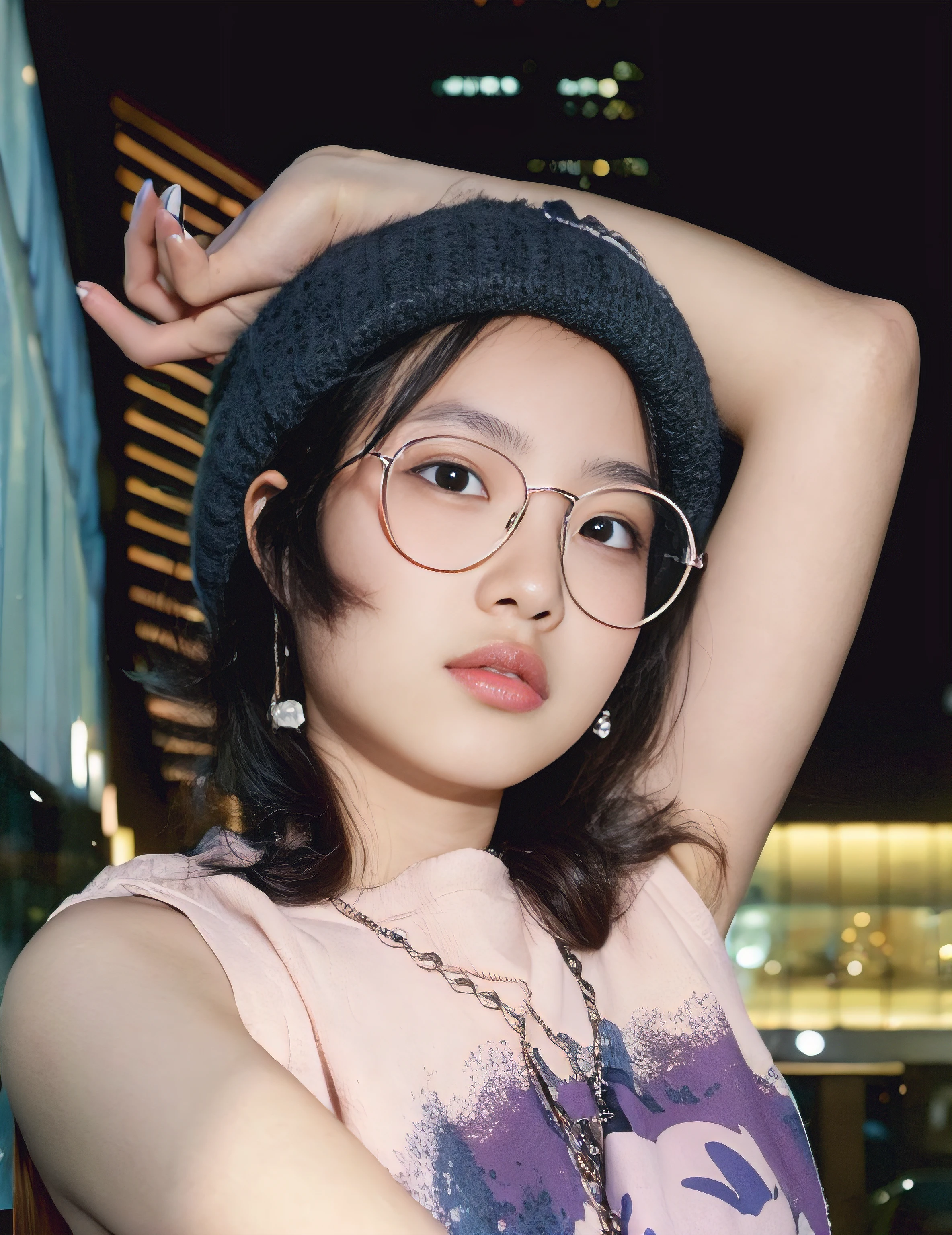 There was a woman sitting with her hands crossed, portrait of jossi of blackpink, lofi portrait, mid shot portrait, a girl with round glasses, lofi-girl, Low ISO, lofi portrait at a window, high quality portrait, Album art, A young Asian woman, ulzzangs