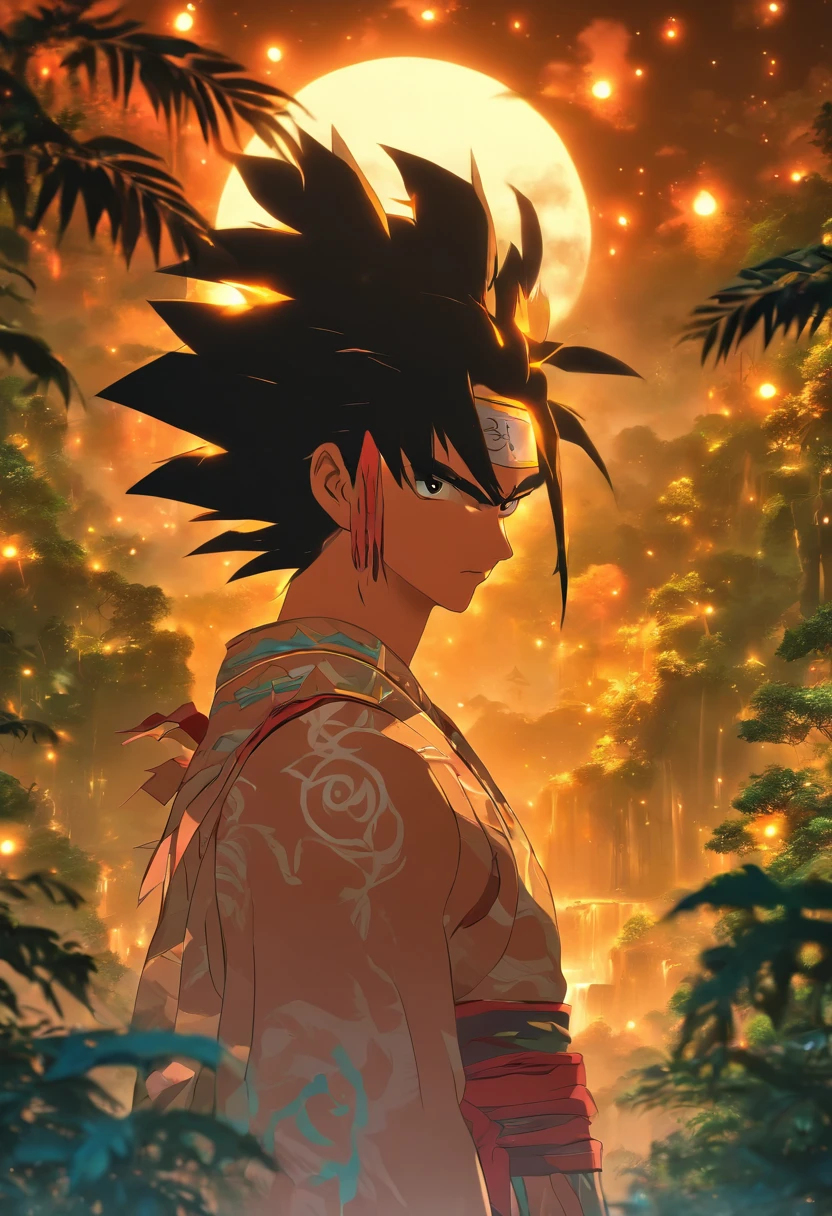 (((Abaangui))) best quality, ultra-high resolution, detailed CG in 4K, masterpiece, black hair, Xavante indigenous, native Brazilian, aesthetics, Amazon rainforest, ((moon in the background)), beautiful image, centered on the screen,