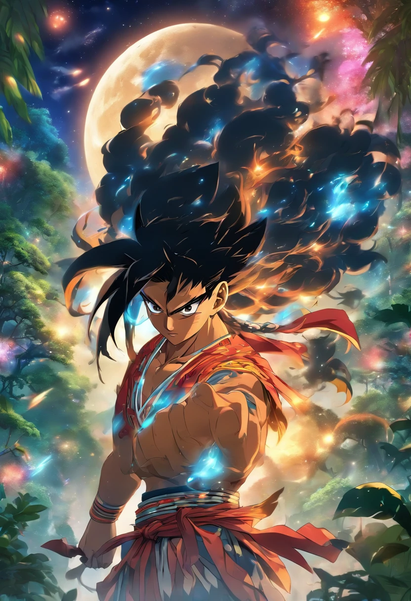 (((Abaangui))) best quality, ultra-high resolution, detailed CG in 4K, masterpiece, black hair, Xavante indigenous, native Brazilian, aesthetics, Amazon rainforest, ((moon in the background)), beautiful image, centered on the screen,