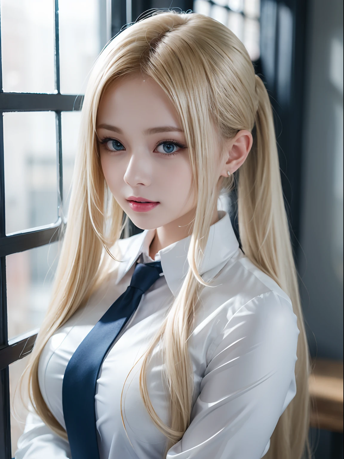 portlate、School Uniforms、bright expression、poneyTail、Young shiny shiny white shiny skin、Best Looks、Blonde reflected light、Platinum blonde hair with dazzling highlights、shiny light hair,、Super long silky straight hair、Beautiful bangs that shine、Glowing crystal clear attractive big blue eyes、Very beautiful nice cute girl、Lush bust
