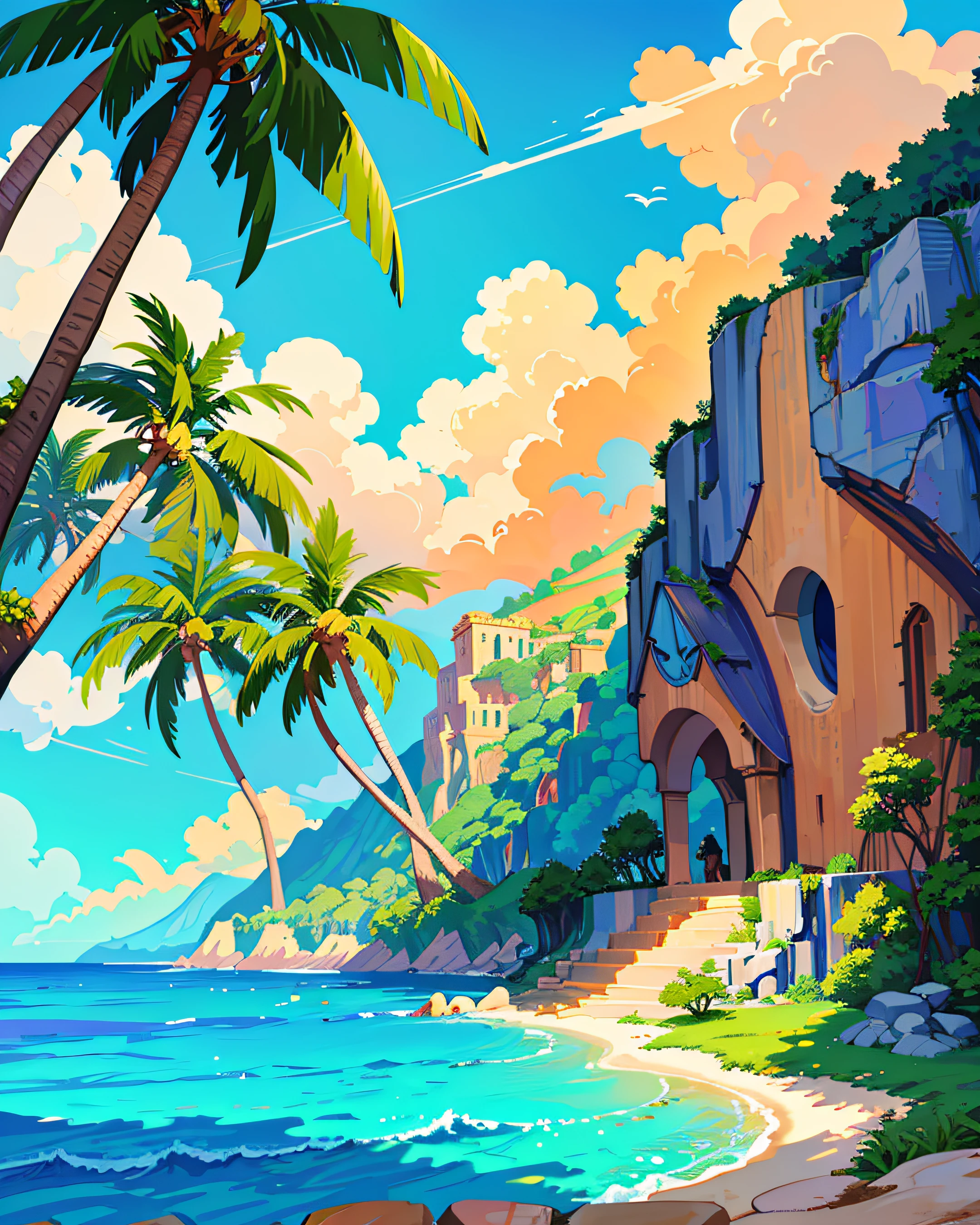 Masterpiece, (reality), Beach, coconut trees, At the end there is an island full of ancient stone buildings, adventure, nature, primitive, profesional art, art concept, landscape, (wallpaper unified 8k), best view, HD quality, detailed, perfect view, esthetic, nft.