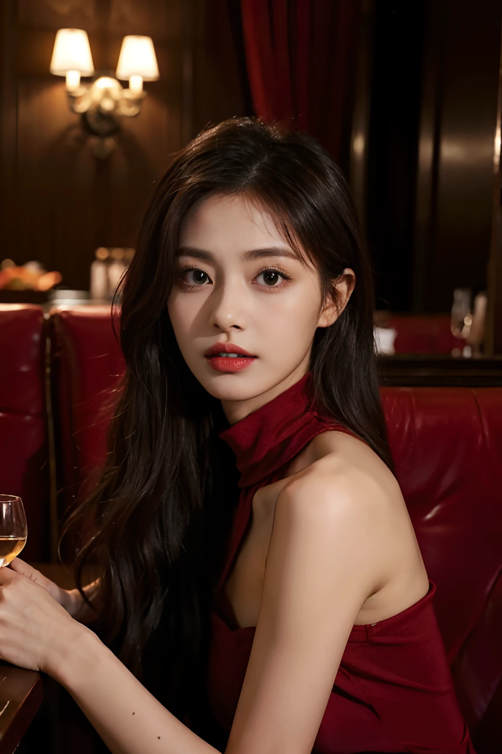 (8K, Raw photo, Best Quality, masutepiece:1.2), Ultra-detailed, Perfect Detail , view the viewer, make up, Seductive, Shameful face, (年轻:1.2),((20yr old)), Beautiful face, Beautiful eyes, (((Perfect female body, Narrow waist))), Red hair, Asian Look, an hourglass figure, Green eyes, Beautiful appearance, silk turtleneck dress, Puffy lips, Black heels, In the restaurant, Wavy Hair, Light makeup, Sablip mole, Dragon tattoo on the shoulder