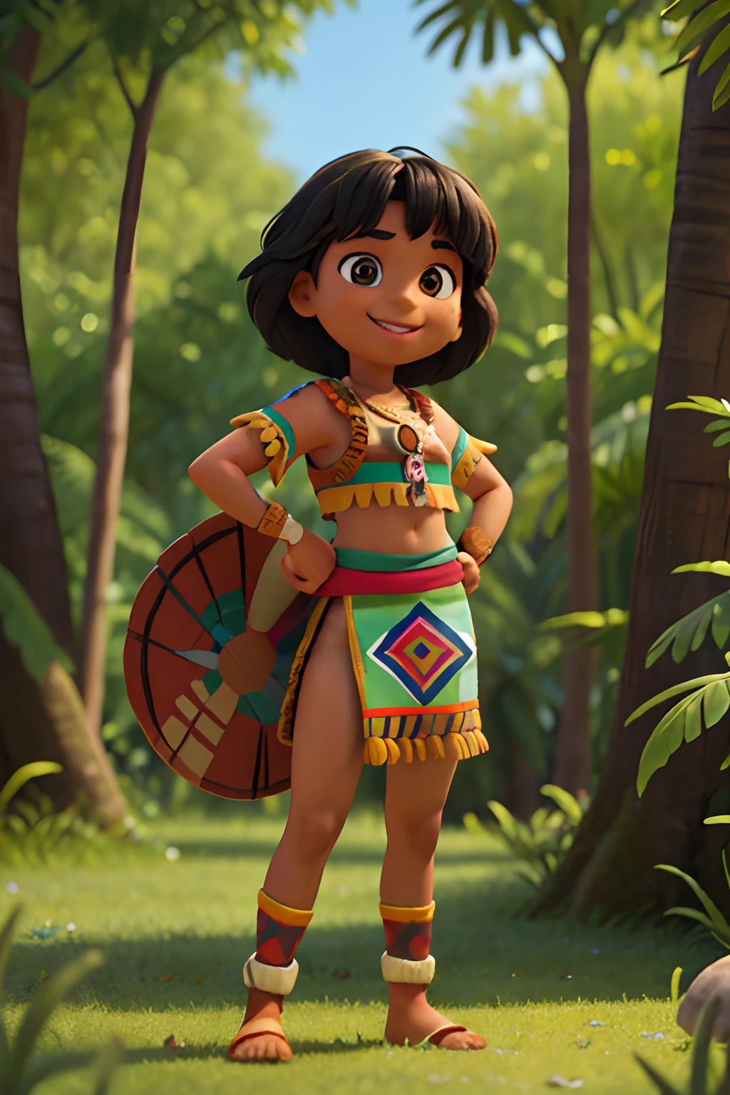 Amazon Girl, 10-year-old child, Indigenous ethnic traits, cabelo longo preto escuro, Face with indigenous painting, riqueza em detalhes, corpo inteiro, alegre, feliz, sorridente, disney pixar cartoom 3d, Indian girl stands in green forest