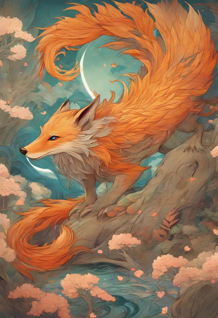 mythological creatures,((The nine-tailed fox in Chinese mythology)),Traditional Chinese elements,((Ancient murals)),Illustrative myths,Fuyao Legend,Dappled light,Hazy haze,mystical aura,tmasterpiece,k hd,Rich in color,Detailed details,Seven colors