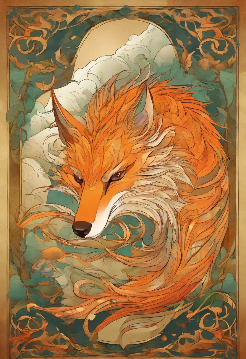 mythological creatures,((The nine-tailed fox in Chinese mythology)),Traditional Chinese elements,((Ancient murals)),Illustrative myths,Fuyao Legend,Dappled light,Hazy haze,mystical aura,tmasterpiece,k hd,Rich in color,Detailed details,Seven colors