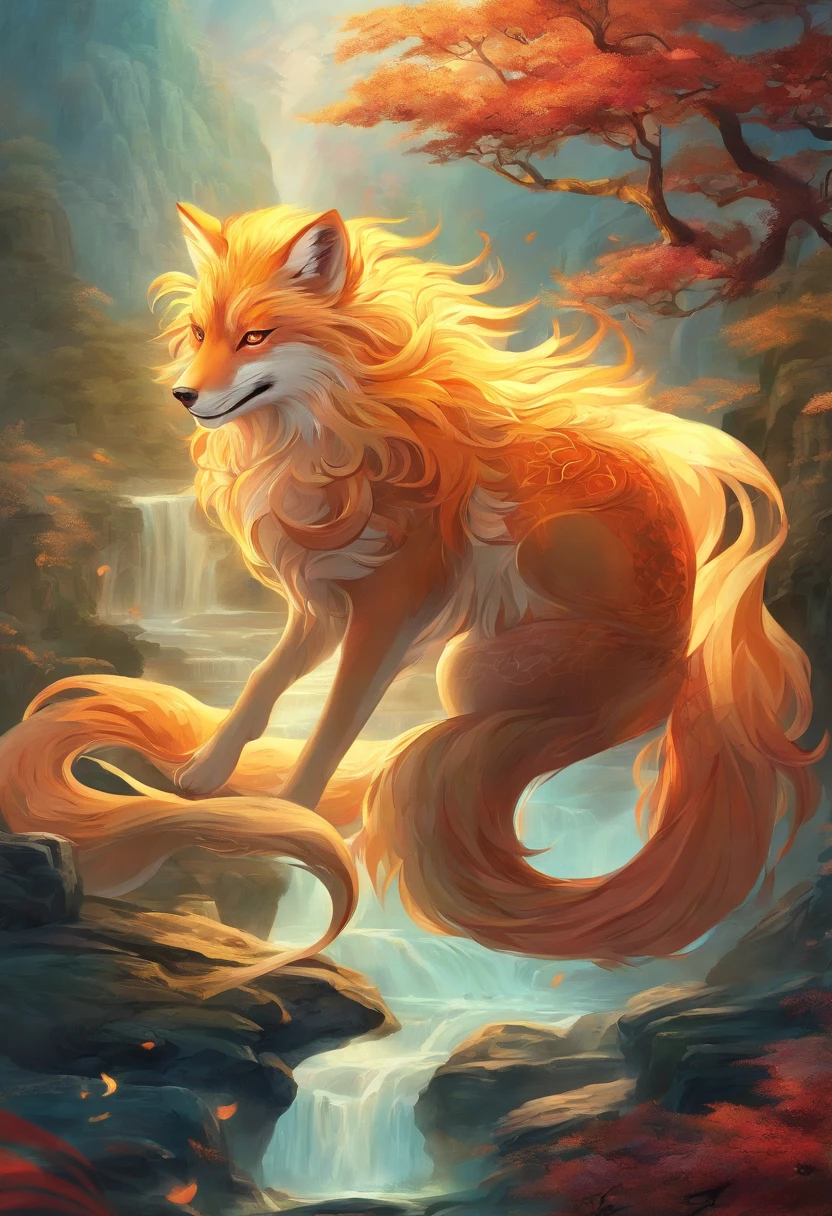 mythological creatures,((The nine-tailed fox in Chinese mythology)),Traditional Chinese elements,((Ancient murals)),Illustrative myths,Fuyao Legend,Dappled light,Hazy haze,mystical aura,tmasterpiece,k hd,Rich in color,Detailed details,Seven colors