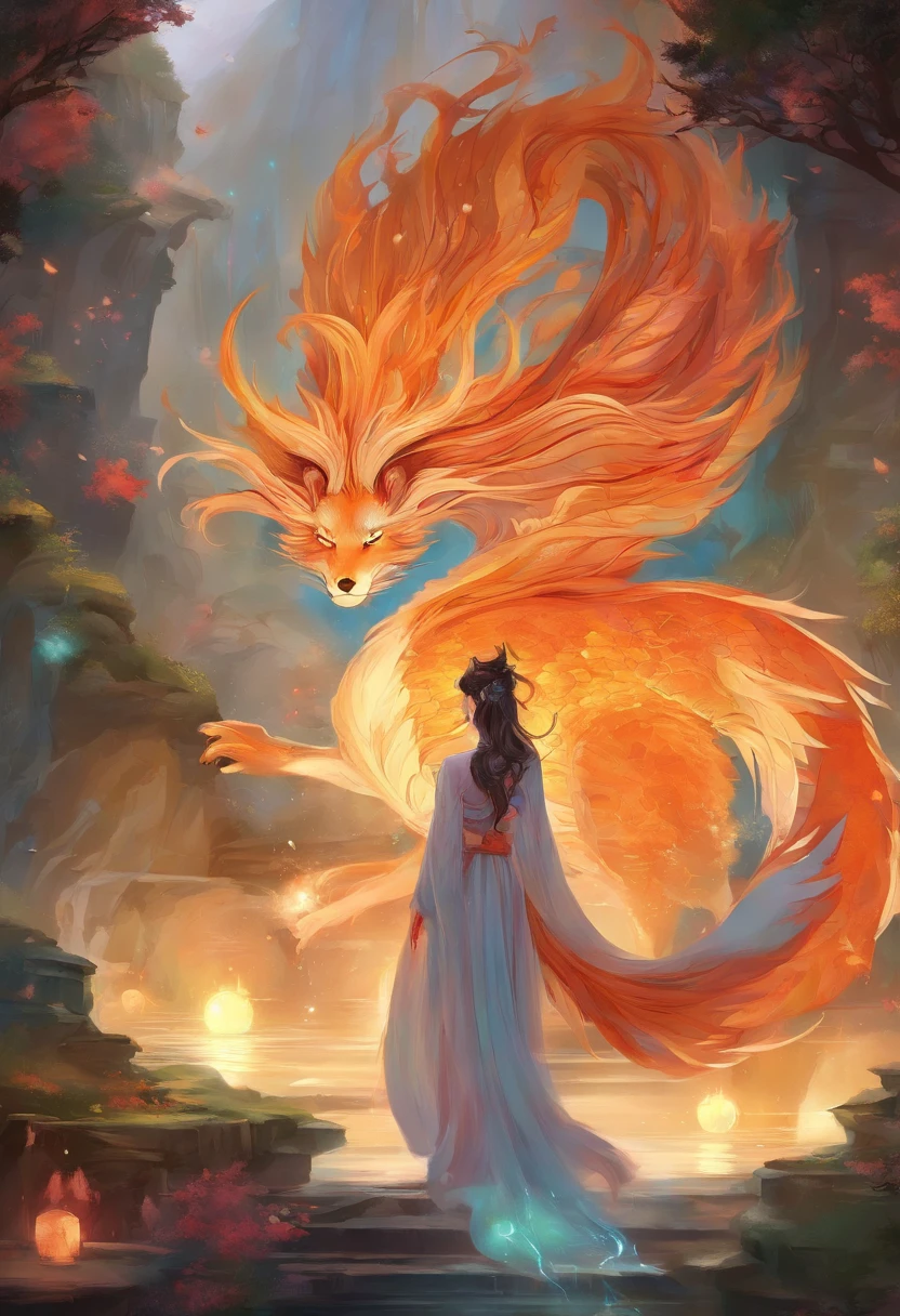 mythological creatures，（（The nine-tailed fox in Chinese mythology）），Traditional Chinese elements，（（Ancient murals）），Illustrative myths，Fuyao Legend，Dappled light，Hazy haze，mystical aura，tmasterpiece，k hd，Rich in color，Detailed details，Seven colors