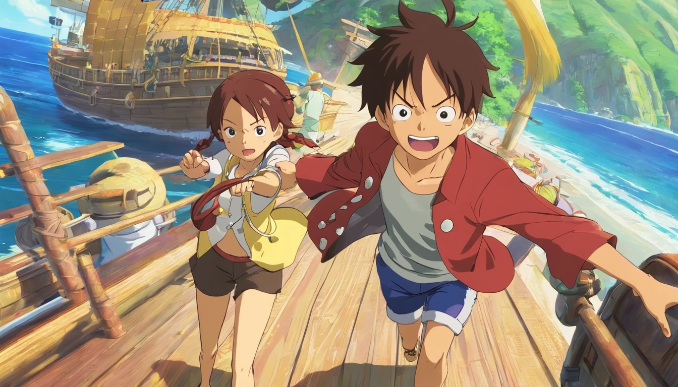 Luffy is the captain of the Straw Hat Pirates. As a child, ele comeu uma Gomu Gomu no Mi, uma fruta que lhe deu o poder do homem-borracha em troca de sua habilidade de nadar. Filho de Monkey D. Dragoned, o jovem sonha em se tornar o Rei dos Piratas, a title that no one has held since the execution of Goal D