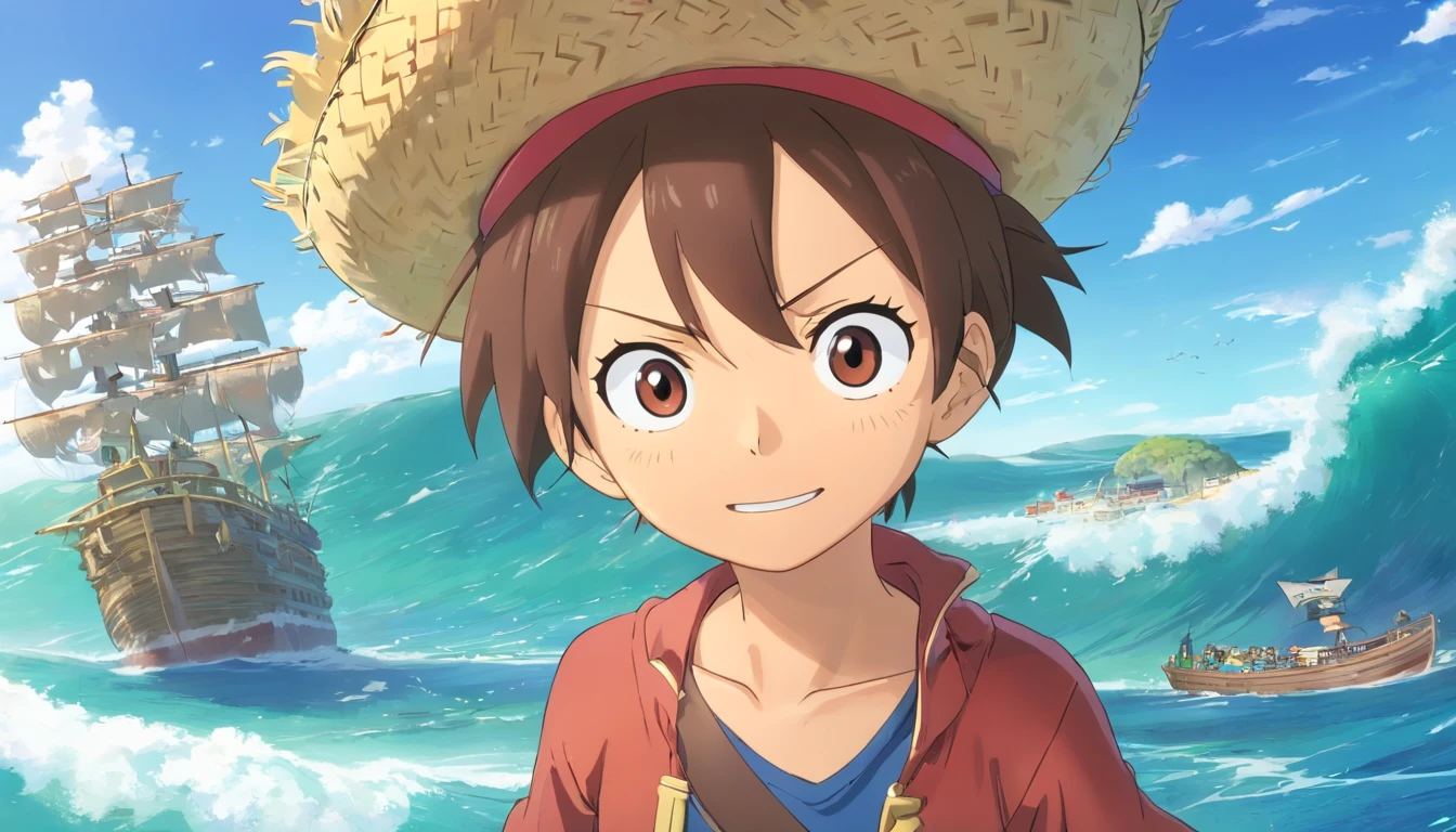 Luffy is the captain of the Straw Hat Pirates. As a child, ele comeu uma Gomu Gomu no Mi, uma fruta que lhe deu o poder do homem-borracha em troca de sua habilidade de nadar. Filho de Monkey D. Dragoned, o jovem sonha em se tornar o Rei dos Piratas, a title that no one has held since the execution of Goal D