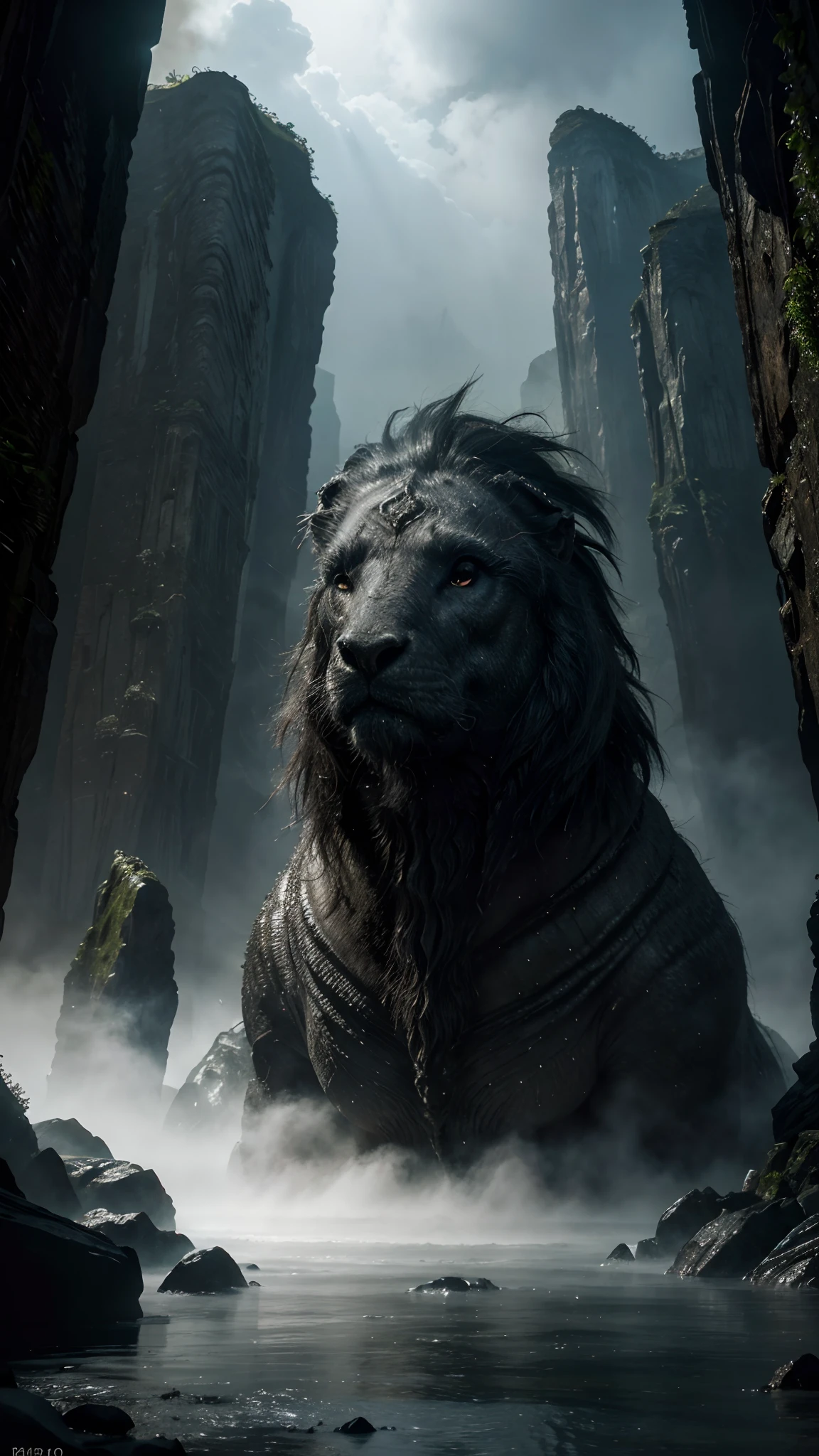 (best quality,4k,8k,highres,masterpiece:1.2),ultra-detailed,(realistic,photorealistic,photo-realistic:1.37),mystical portal leading to an ancient world,extraordinary creature emerging from the depths,mythical beings guarding the entrance,dramatic lighting illuminating the scene,detailed depiction of the rocky terrain with intricate textures,gorgeous colors reflecting the otherworldly atmosphere,ominous atmosphere enhanced by fog and mist,foreboding shadows adding depth to the composition,astonishing details capturing every wrinkle and scale of the creatures,grandiose spectacle showcasing the power of nature,surreal fusion of earth and water elements,exquisite attention to fine details in the creature's anatomy,awe-inspiring view of the expansive landscape,inspiring sense of wonder and adventure,evocative portrayal of the mythical realm,impressive realism bringing the scene to life,stunning combination of fantasy and reality,immersive experience drawing viewers into the artwork's narrative.