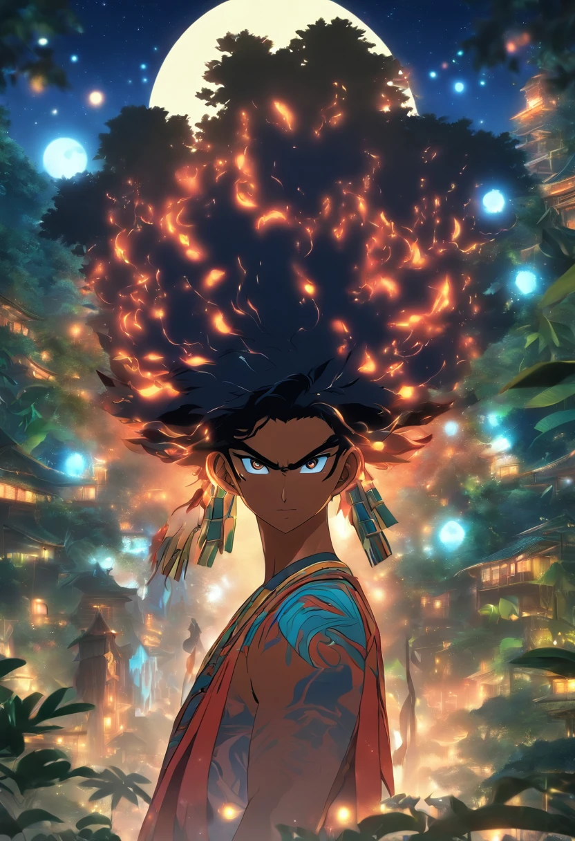 (((Abaangui))) best quality, ultra-high resolution, detailed CG in 4K, masterpiece, black hair, Xavante indigenous, native Brazilian, aesthetics, Amazon rainforest, ((moon in the background)), beautiful image, centered on the screen,