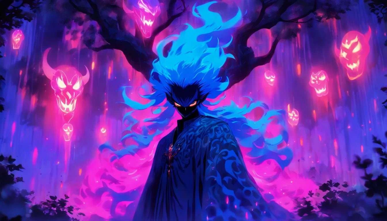 (a blue-haired demon woman,spells:1.1,glowing:1.1)(illustration)(best quality,ultra-detailed,realistic:1.37),demonic witch(demonic:1.1)(magic:1.1)(forest)(dark and mysterious,ominous atmosphere),casting powerful spells,creating magical energy(magic:1.1),vibrant pink hair(swirling pink hair)(flowing pink hair),horns(devil horns:1.1),piercing red eyes,enchanted scepter(magical scepter),elaborate dark robe,glowing magical sigils,fiery embers swirling(magical embers:1.1)(glowing embers),magical aura(glowing aura),eerie shadows,otherworldly presence(presence),sinister smile,nightfall in the background(dark night:1.1)(moonlit forest),lush and dense foliage(twisted trees)(mystical plants:1.1),mystical particles(swirling particles)(floating particles),ethereal glow(ethereal:1.1)(soft glow),faint moonlight breaking through the trees,haunting and captivating(scary atmosphere),bewitching beauty,wide range of colors(vivid colors)(contrasting colors),mystical realm,impressive details,dynamic composition,mesmerizing artwork,photorealistic style(picasso style),impressive shading and lighting,explosive energy,magical atmosphere(fantasy atmosphere),dreamlike scene