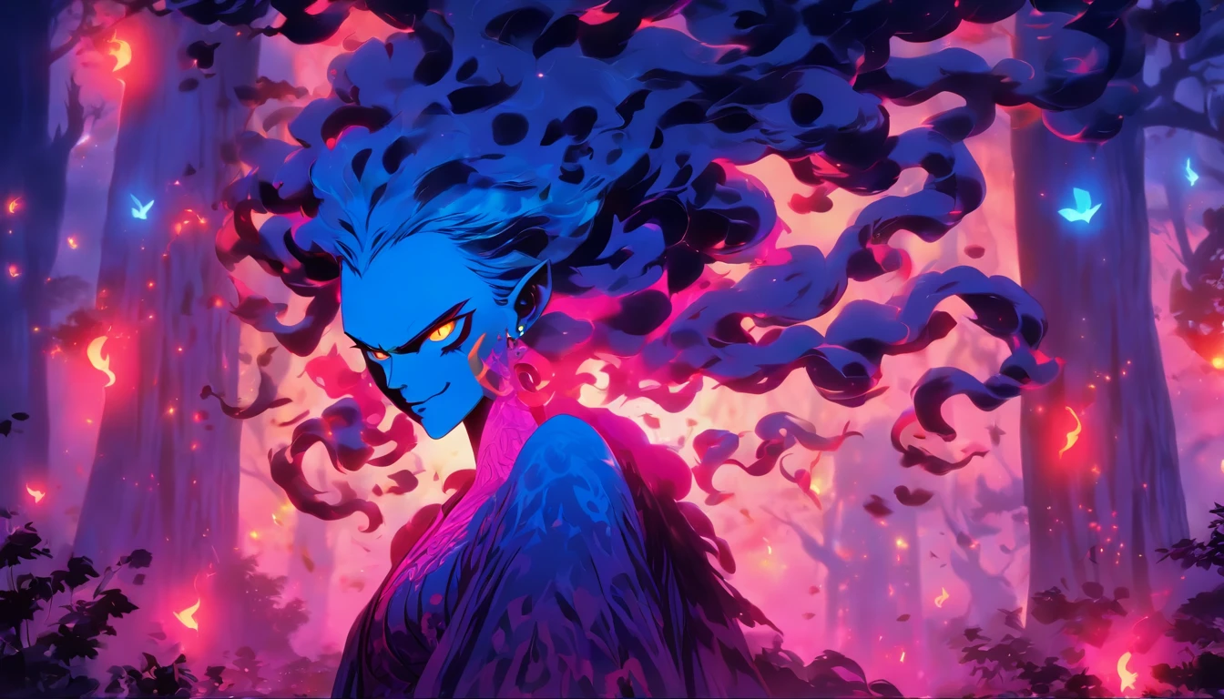(a blue-haired demon woman,spells:1.1,glowing:1.1)(illustration)(best quality,ultra-detailed,realistic:1.37),demonic witch(demonic:1.1)(magic:1.1)(forest)(dark and mysterious,ominous atmosphere),casting powerful spells,creating magical energy(magic:1.1),vibrant pink hair(swirling pink hair)(flowing pink hair),horns(devil horns:1.1),piercing red eyes,enchanted scepter(magical scepter),elaborate dark robe,glowing magical sigils,fiery embers swirling(magical embers:1.1)(glowing embers),magical aura(glowing aura),eerie shadows,otherworldly presence(presence),sinister smile,nightfall in the background(dark night:1.1)(moonlit forest),lush and dense foliage(twisted trees)(mystical plants:1.1),mystical particles(swirling particles)(floating particles),ethereal glow(ethereal:1.1)(soft glow),faint moonlight breaking through the trees,haunting and captivating(scary atmosphere),bewitching beauty,wide range of colors(vivid colors)(contrasting colors),mystical realm,impressive details,dynamic composition,mesmerizing artwork,photorealistic style(picasso style),impressive shading and lighting,explosive energy,magical atmosphere(fantasy atmosphere),dreamlike scene