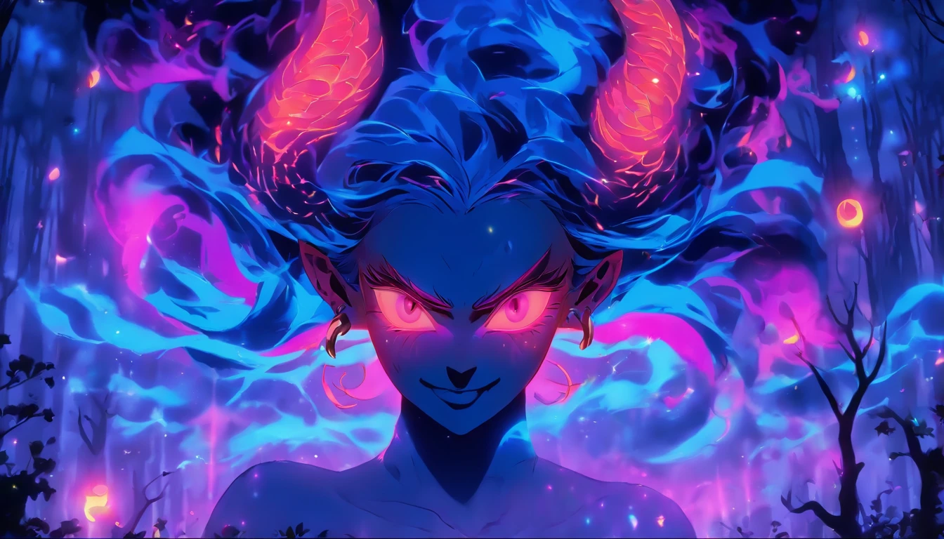 (a blue-haired demon woman,spells:1.1,glowing:1.1)(illustration)(best quality,ultra-detailed,realistic:1.37),demonic witch(demonic:1.1)(magic:1.1)(forest)(dark and mysterious,ominous atmosphere),casting powerful spells,creating magical energy(magic:1.1),vibrant pink hair(swirling pink hair)(flowing pink hair),horns(devil horns:1.1),piercing red eyes,enchanted scepter(magical scepter),elaborate dark robe,glowing magical sigils,fiery embers swirling(magical embers:1.1)(glowing embers),magical aura(glowing aura),eerie shadows,otherworldly presence(presence),sinister smile,nightfall in the background(dark night:1.1)(moonlit forest),lush and dense foliage(twisted trees)(mystical plants:1.1),mystical particles(swirling particles)(floating particles),ethereal glow(ethereal:1.1)(soft glow),faint moonlight breaking through the trees,haunting and captivating(scary atmosphere),bewitching beauty,wide range of colors(vivid colors)(contrasting colors),mystical realm,impressive details,dynamic composition,mesmerizing artwork,photorealistic style(picasso style),impressive shading and lighting,explosive energy,magical atmosphere(fantasy atmosphere),dreamlike scene