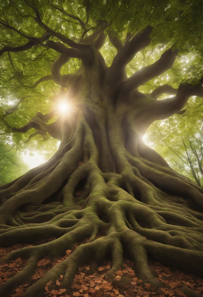 Arbomorph  turns into a leafy tree, with roots as legs, branches like arms, some leaves fly on a white background,l