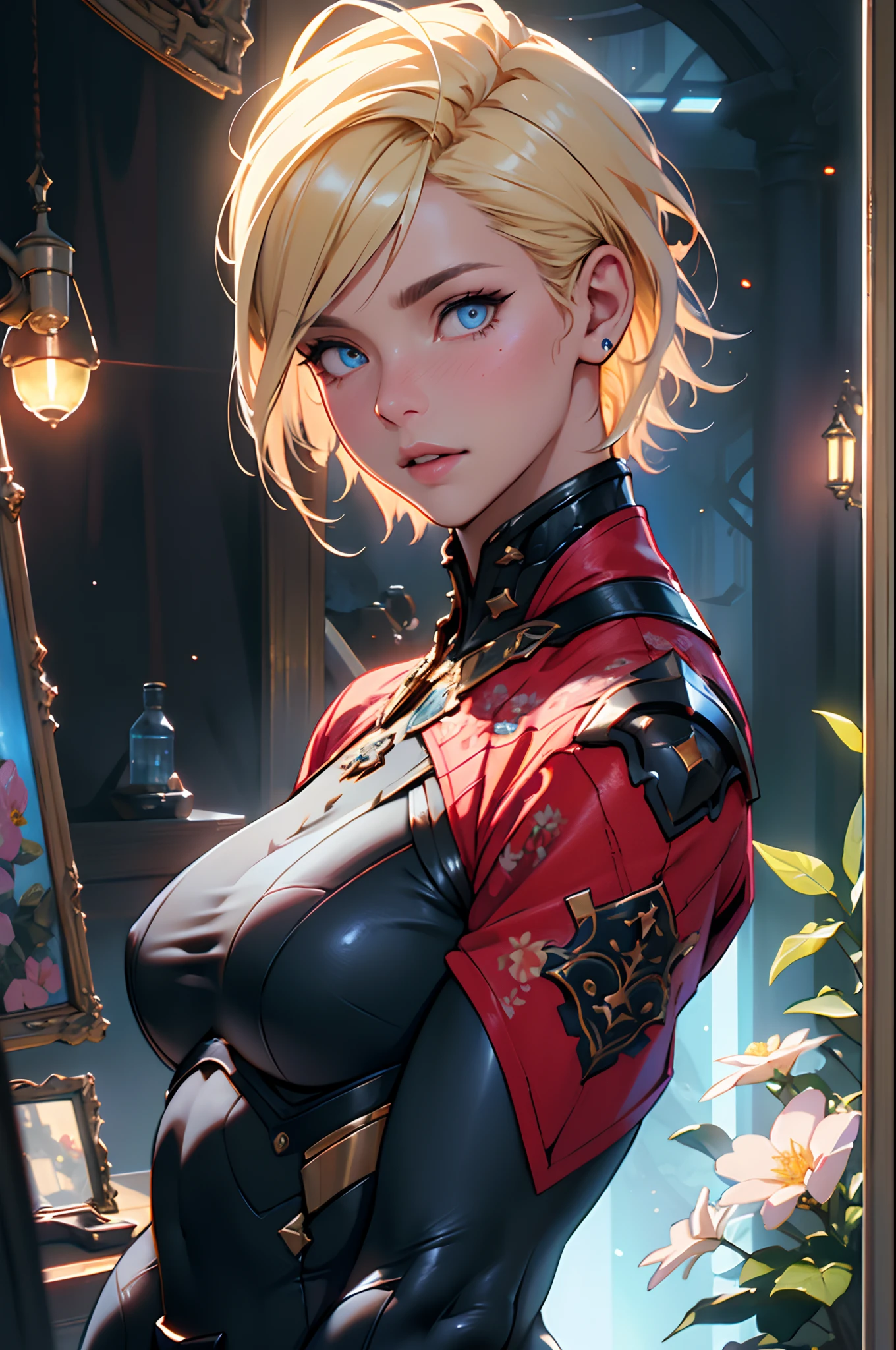 Highly detailed RAW color photo, beautiful young woman, short blonde hair, dynamic pose, (wide hips), (detailed skin), (detailed lips), (detailed eyes), (cosmic: 1.4), (necropolis: 1.1), (science fiction setting) (detailed face), (curvy), red clothing, detailed eyes, chromatic aberration, depth of field, soft lighting, masterpiece, best quality, intricate, (lens reflection: 0.7), (flowering: 0.7), particle effects, ray tracing, tone mapping, highly detailed, concept art, smooth, sharp focus, dramatic lighting, highly detailed art, cinematic, hyper-realistic painting, trending on Artstation, 8K, amazing shadows, realistic, (highly detailed background: 1.2), mid-journey art