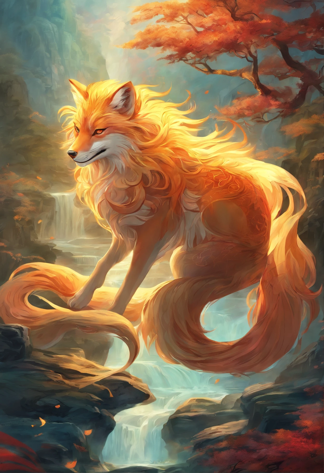 mythological creatures，（（The nine-tailed fox in Chinese mythology）），Traditional Chinese elements，（（Ancient murals）），Illustrative myths，Fuyao Legend，Dappled light，Hazy haze，mystical aura，tmasterpiece，k hd，Rich in color，Detailed details，Seven colors